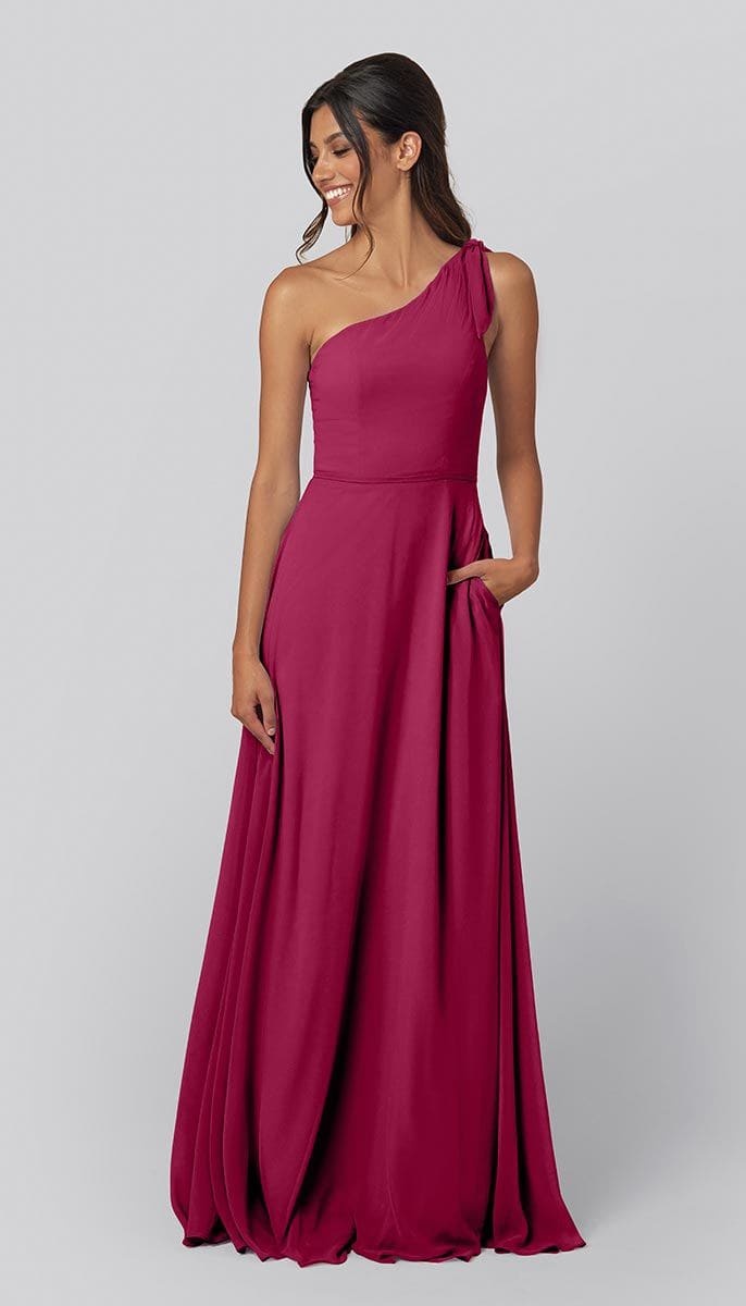 A-Line One Shoulder Chiffon Bow On Strap Bridesmaid Dress With Pockets