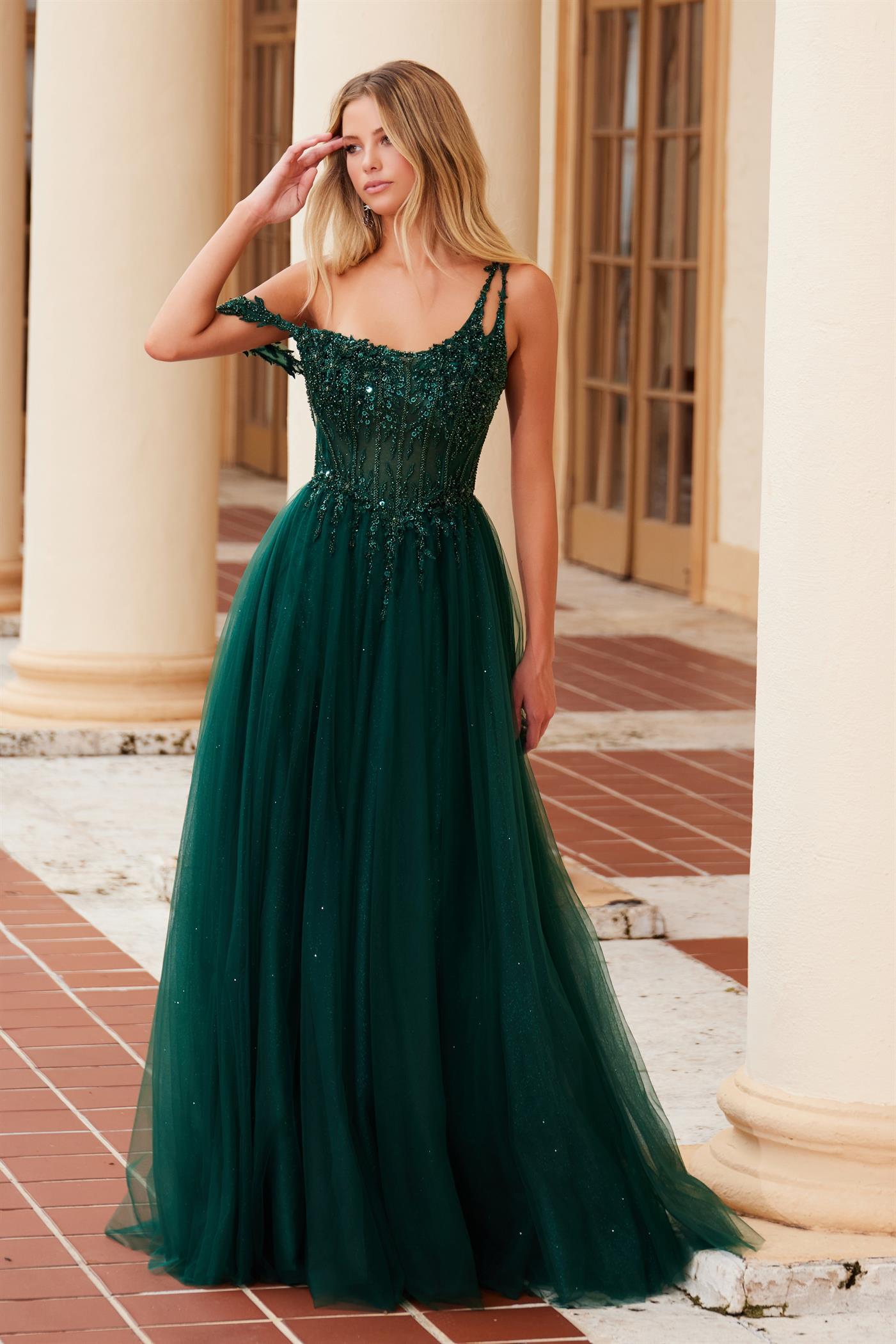 A-LINE LONG DRESS WITH A BONED SHEER F1567