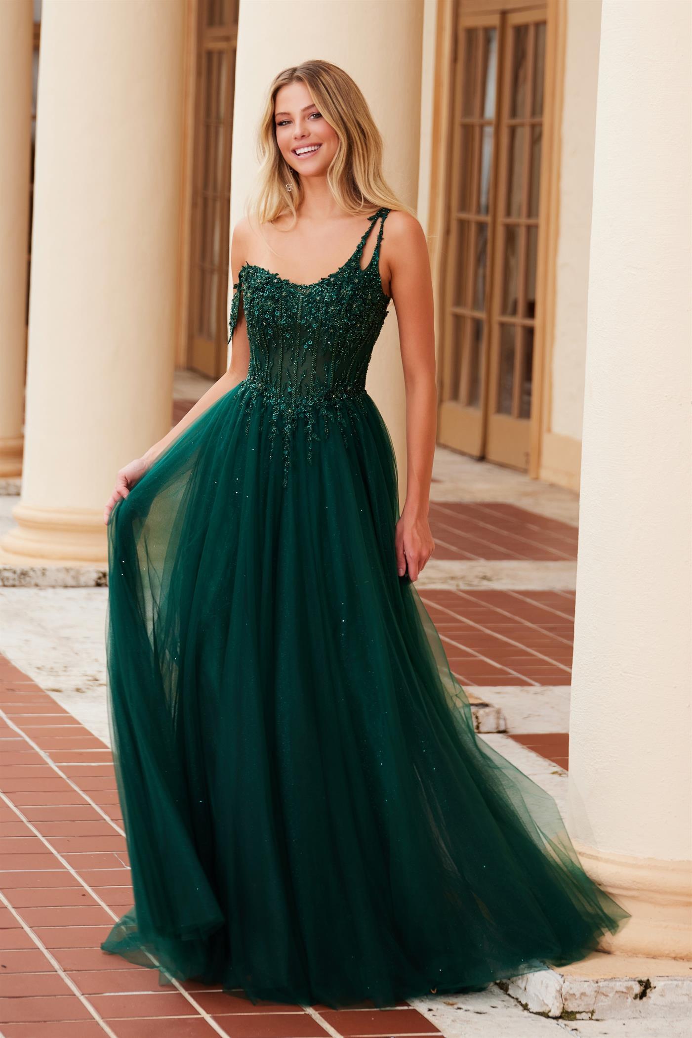 A-LINE LONG DRESS WITH A BONED SHEER F1567