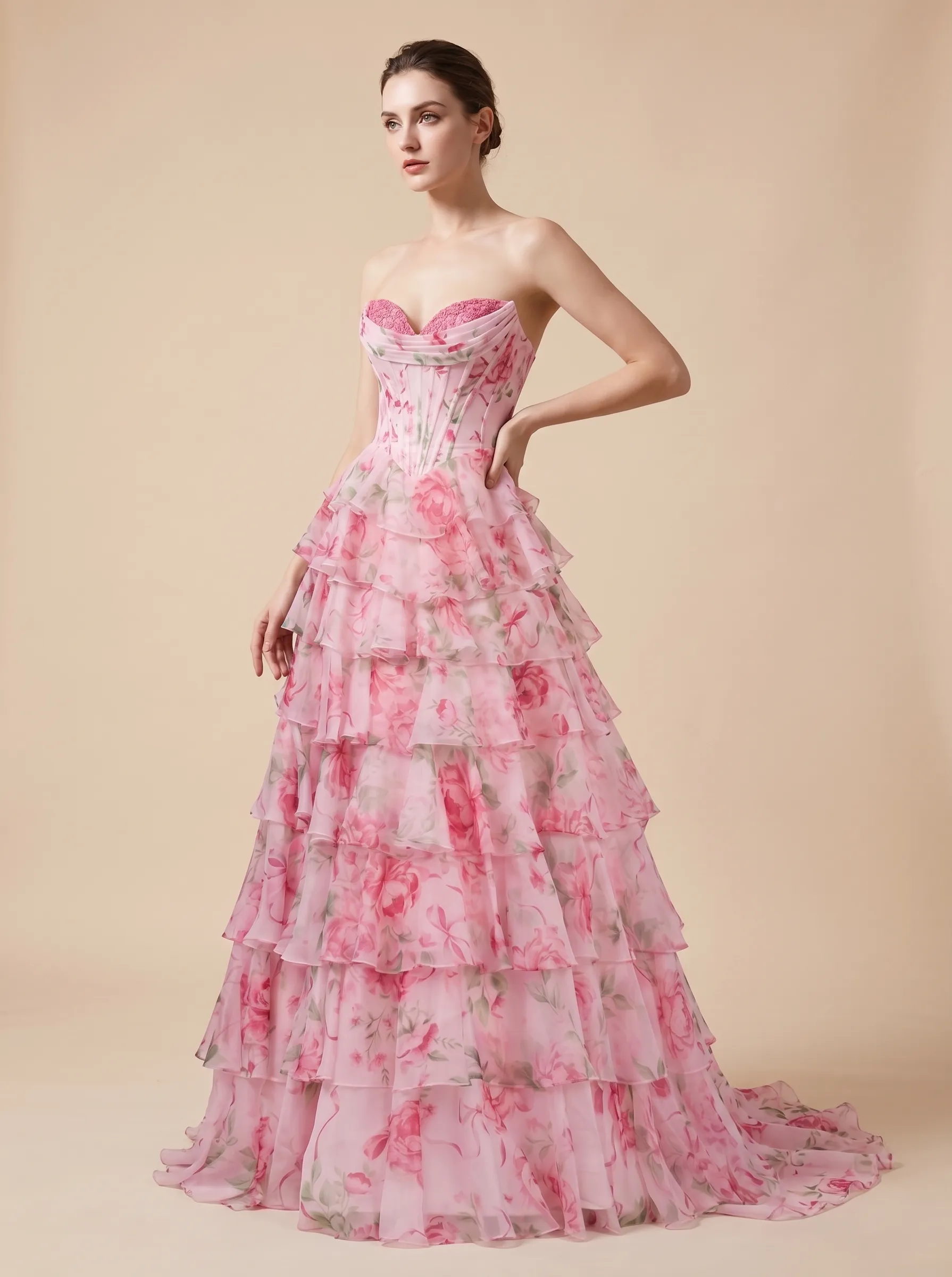 Floral Ball Gown Prom Dress | Strapless Corset with Chiffon Ruffle Skirt #3714