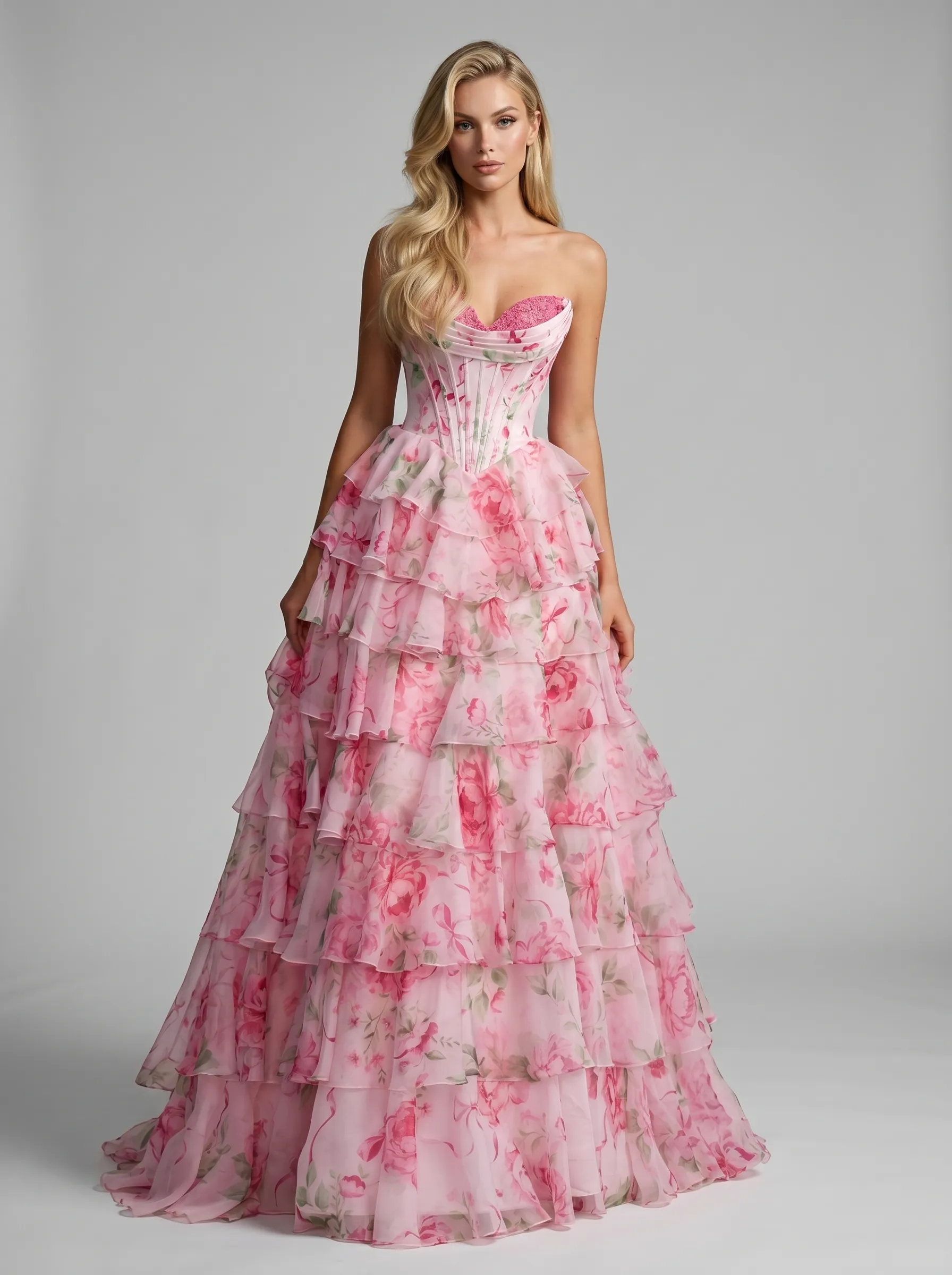 Floral Ball Gown Prom Dress | Strapless Corset with Chiffon Ruffle Skirt #3714