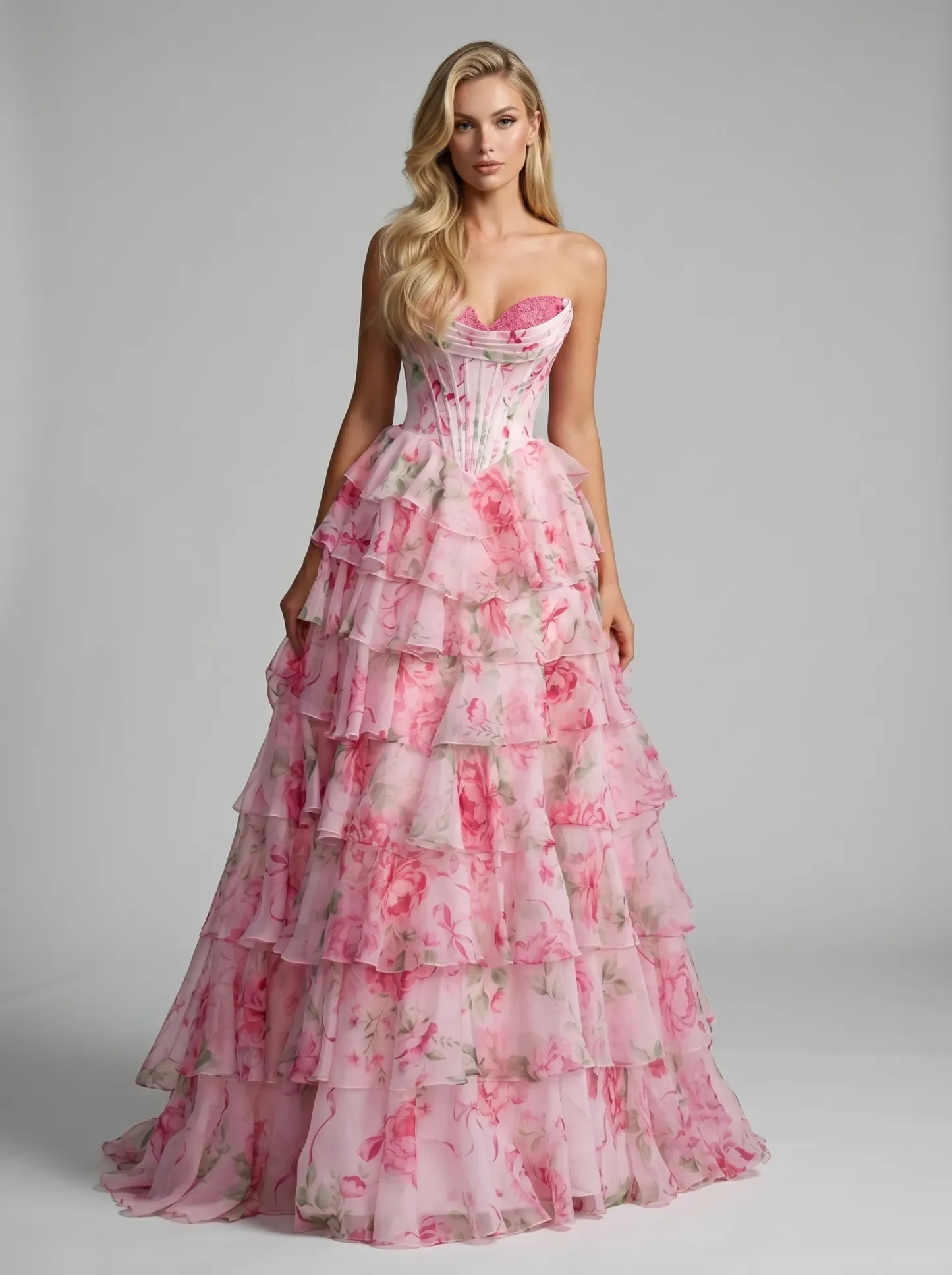 Floral Ball Gown Prom Dress | Strapless Corset with Chiffon Ruffle Skirt #3714