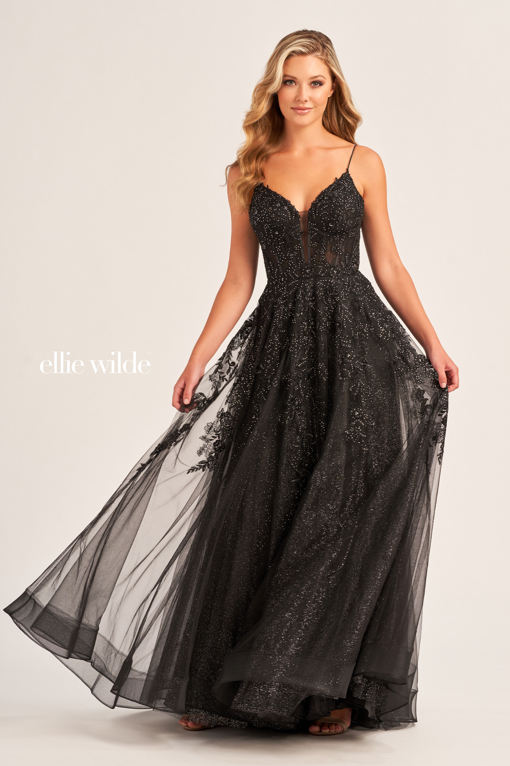 A-Line Plunging V-Neck Embroidered Lace Appliques Corset Back Prom Dress #EW34036