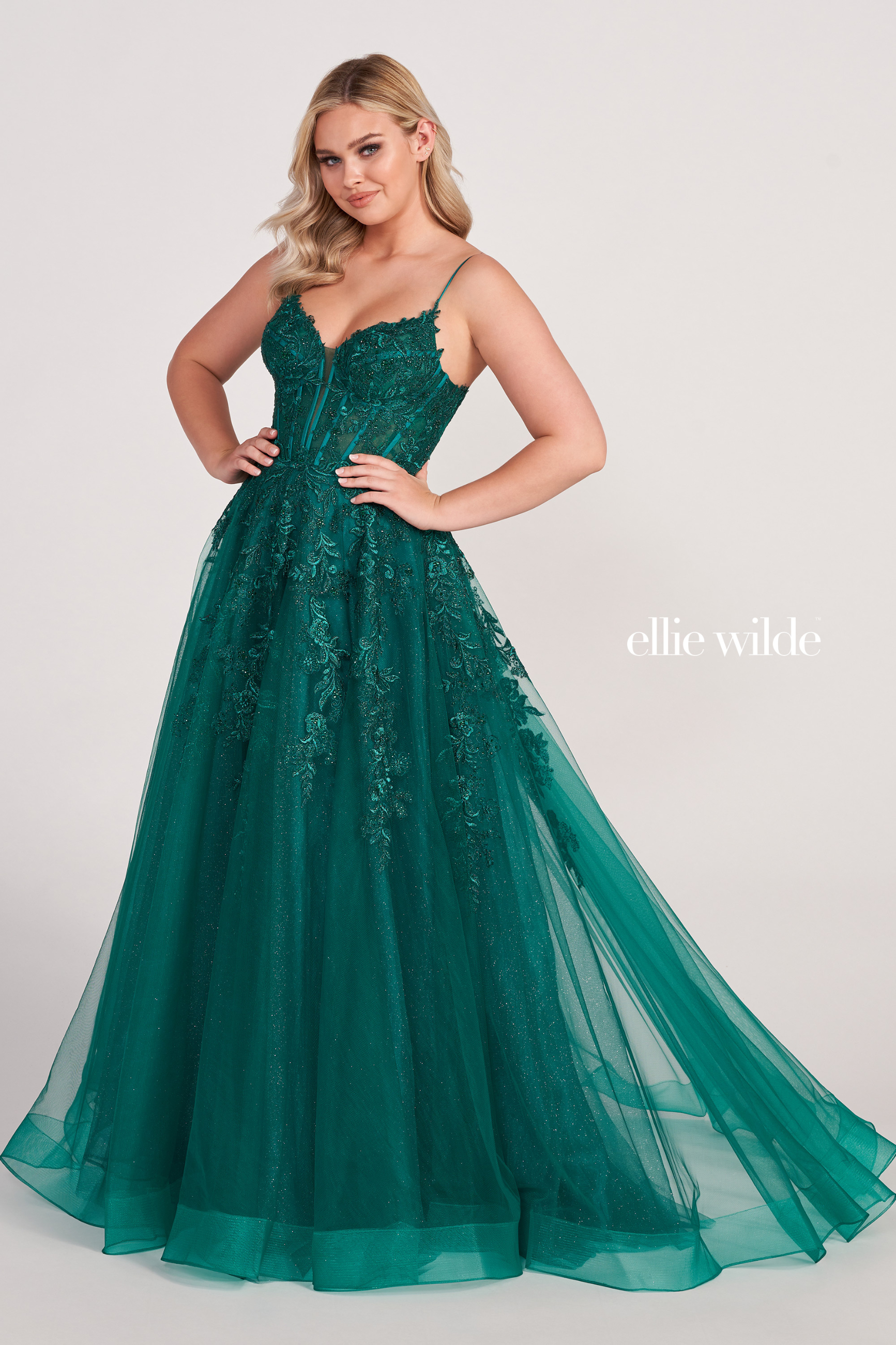 A-Line Plunging V-Neck Embroidered Lace Appliques Corset Back Prom Dress #EW34036