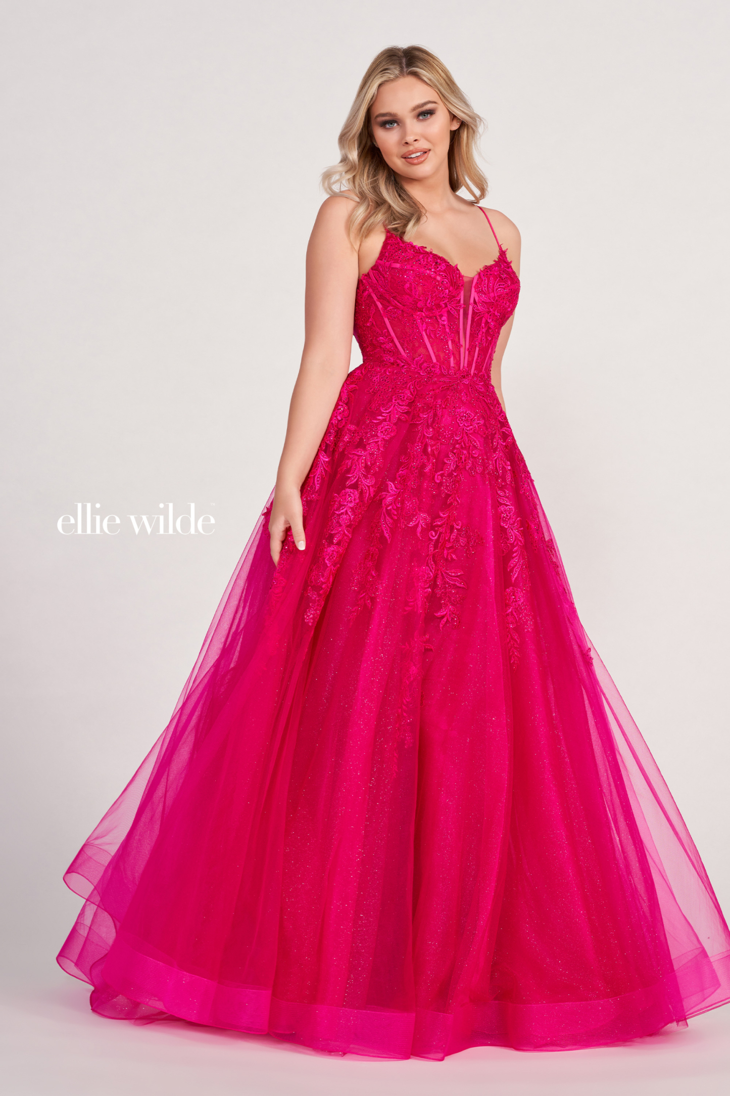 A-Line Plunging V-Neck Embroidered Lace Appliques Corset Back Prom Dress #EW34036