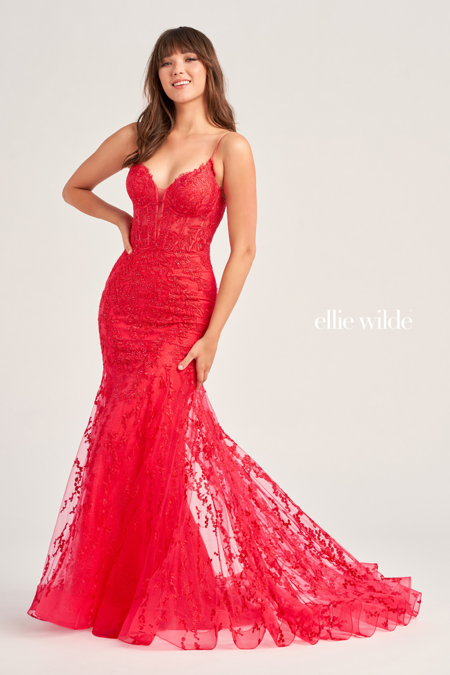 Mermaid Plunging V-neck Glitter Tulle Lace Up Back Prom Dress #EW35010