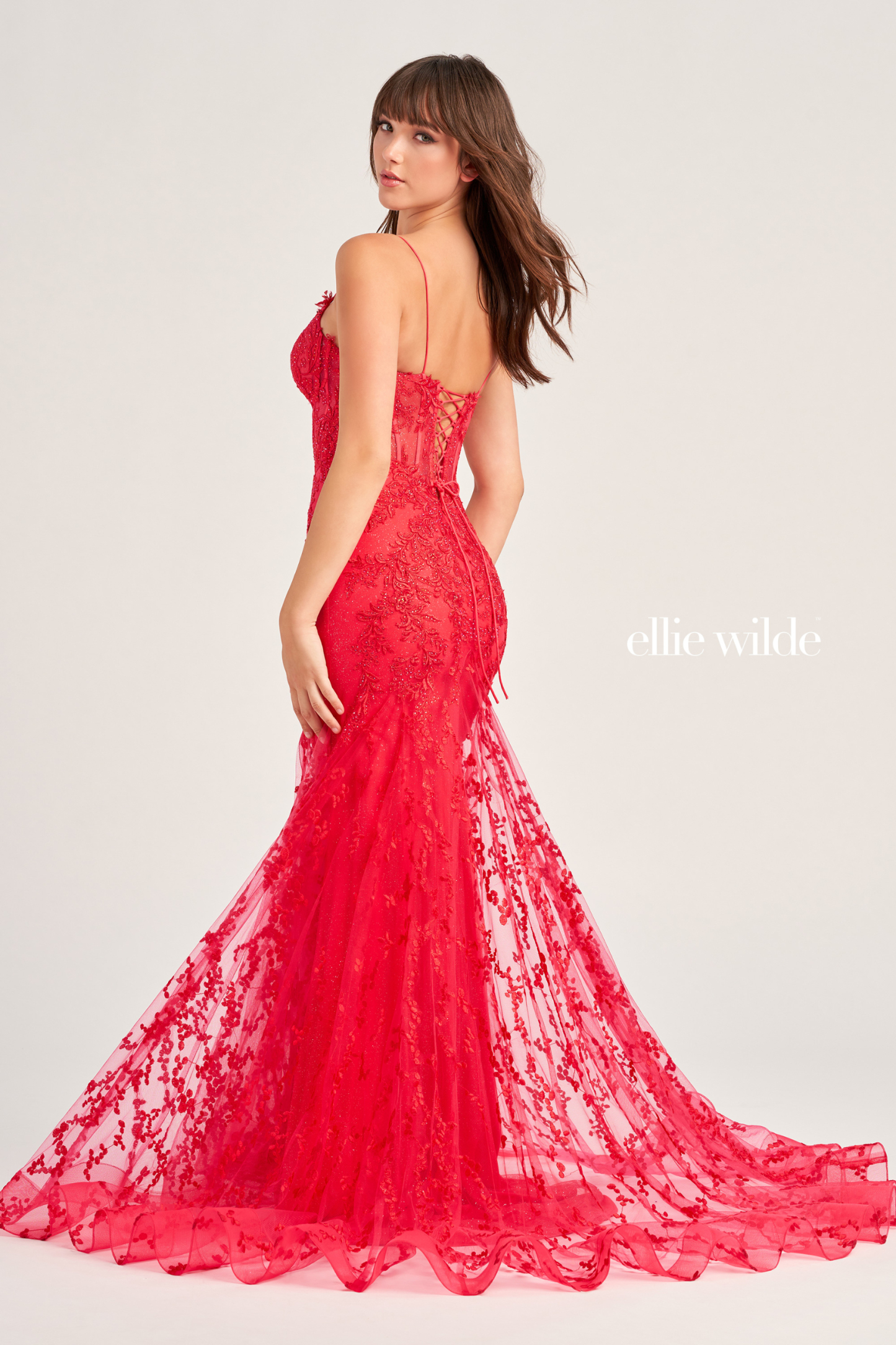Mermaid Plunging V-neck Glitter Tulle Lace Up Back Prom Dress #EW35010