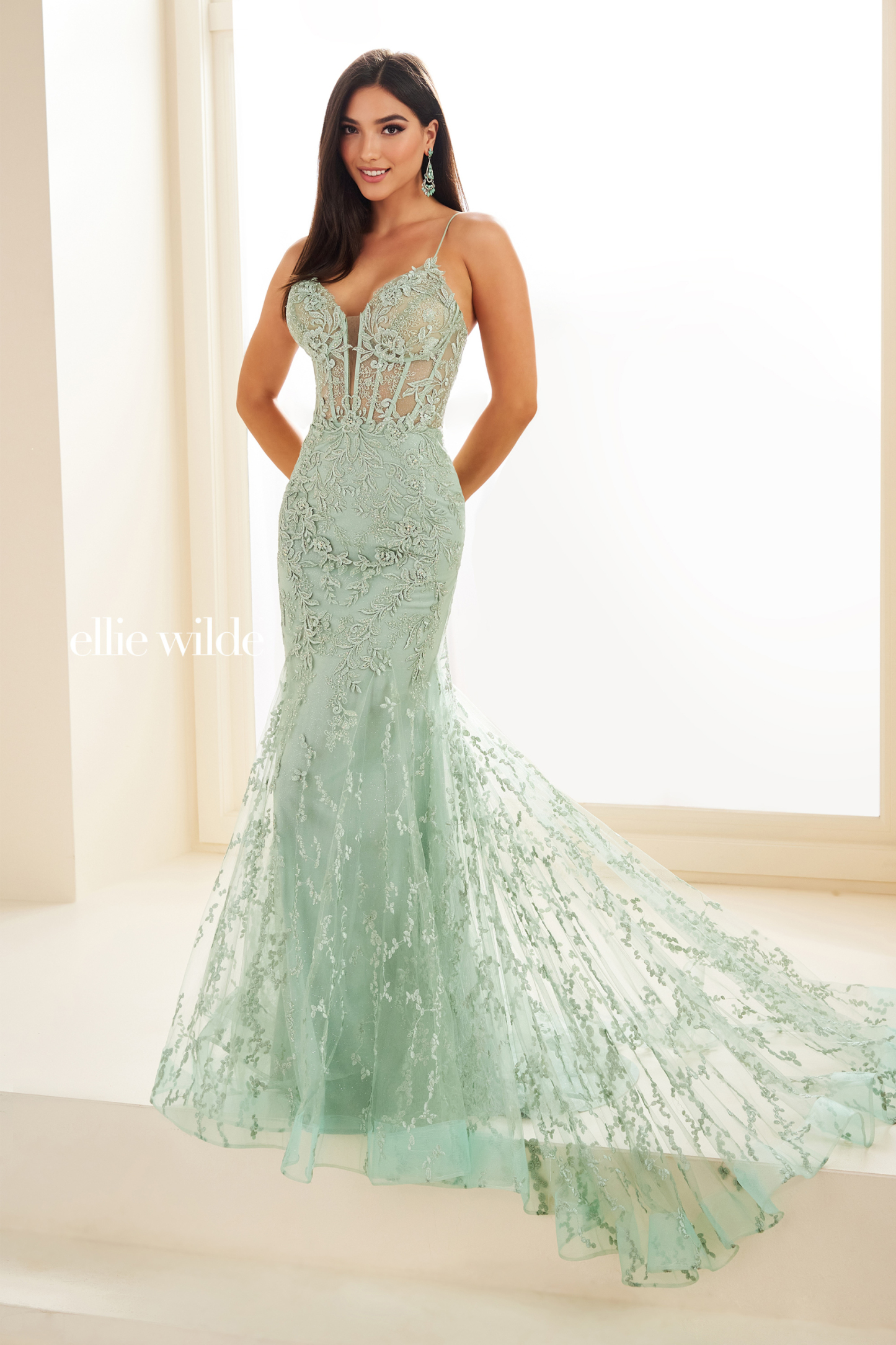 Mermaid Plunging V-neck Glitter Tulle Lace Up Back Prom Dress #EW35010