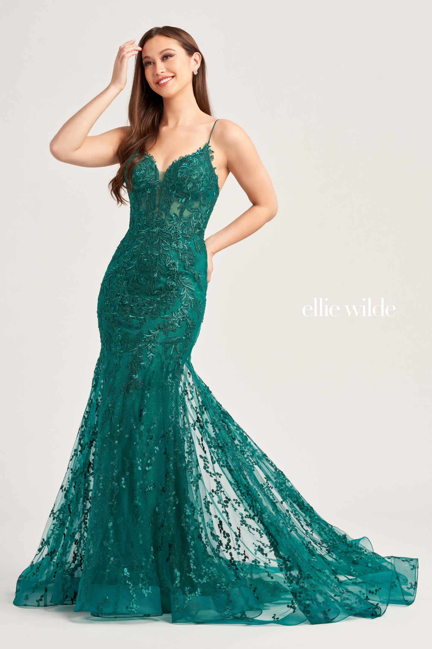 Mermaid Plunging V-neck Glitter Tulle Lace Up Back Prom Dress #EW35010