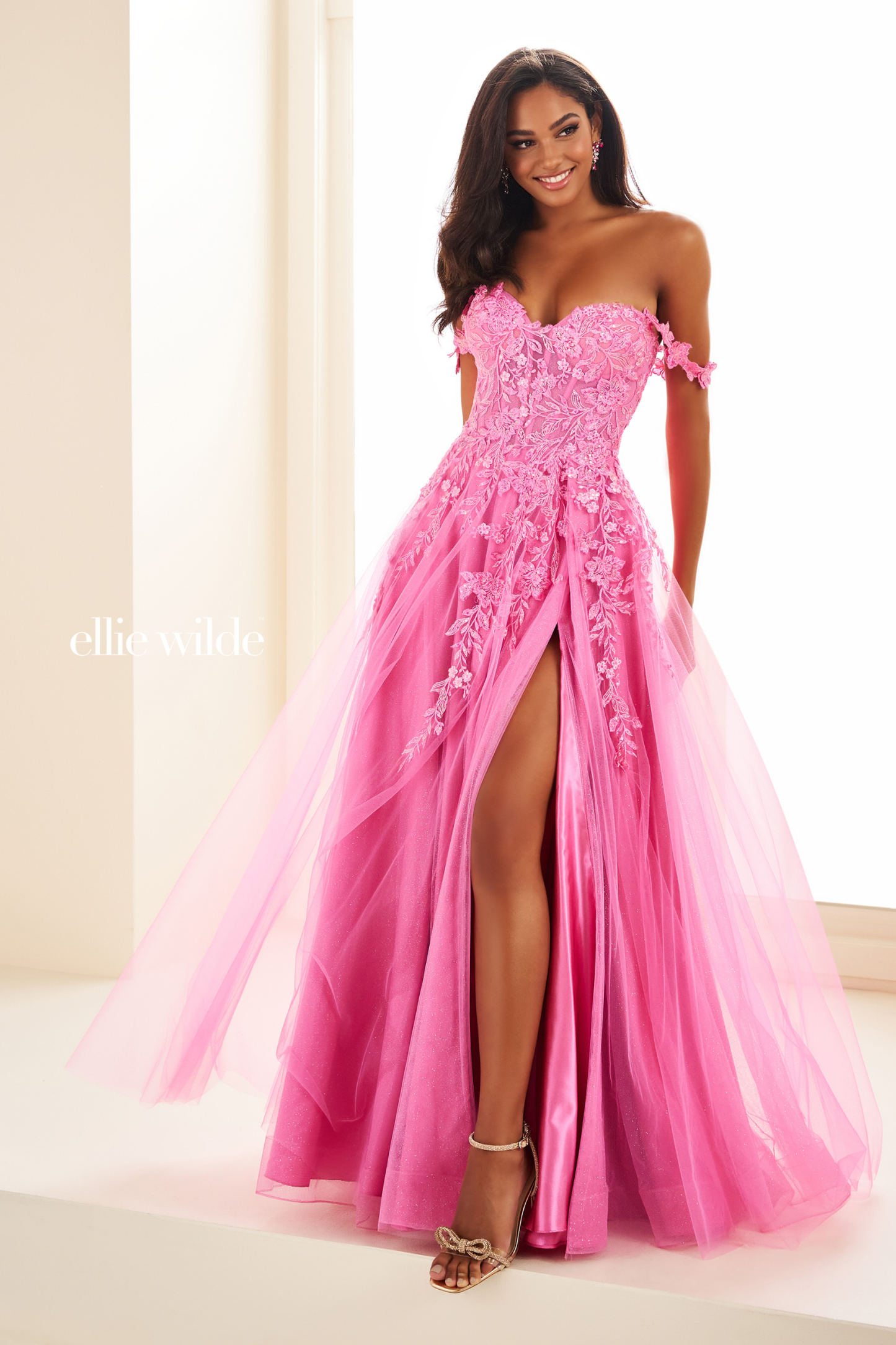 A-Line Sweetheart Glitter Tulle Floral Lace Appliques Prom Dress #EW35101