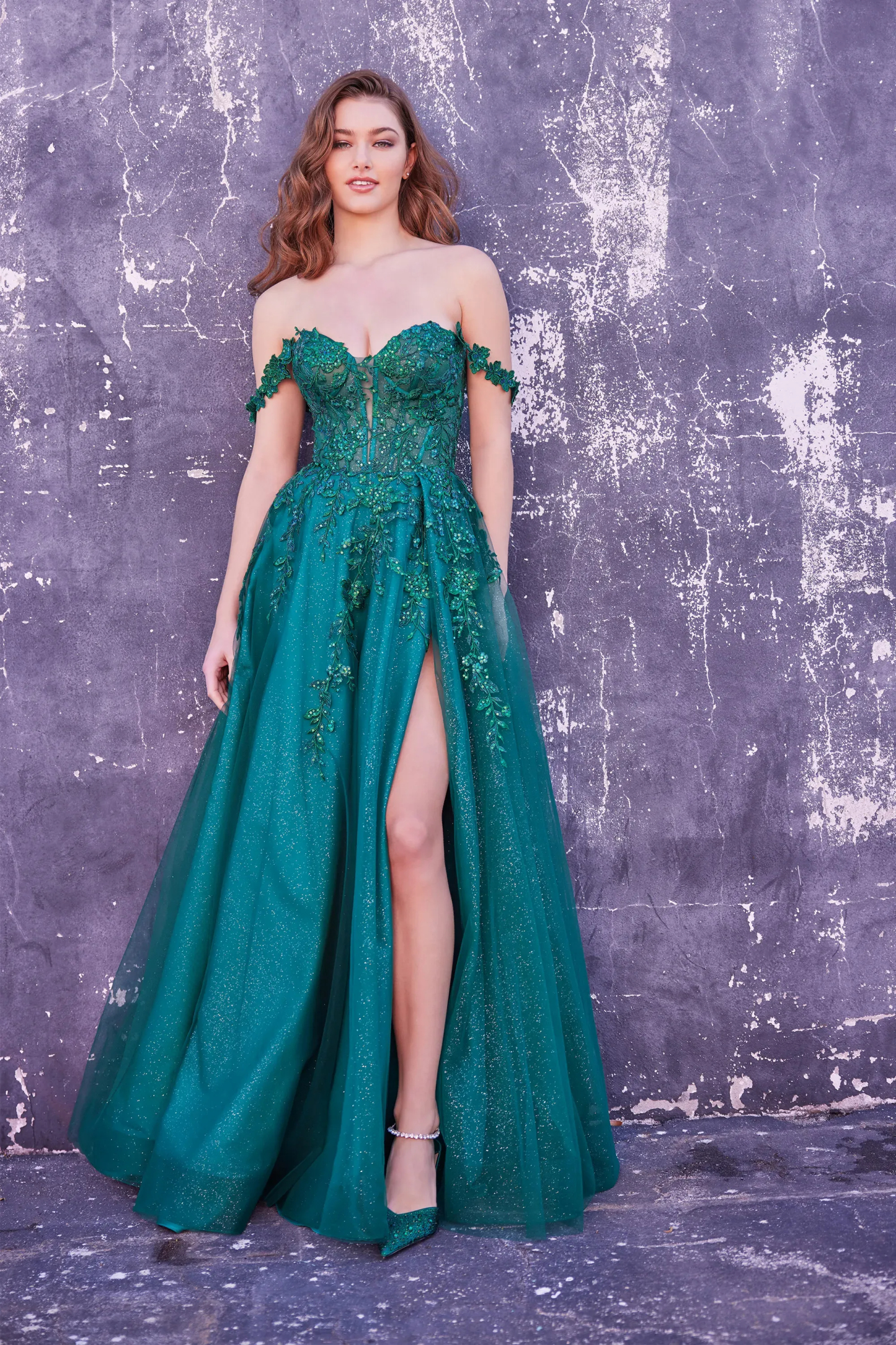 A-Line Sweetheart Glitter Tulle Floral Lace Appliques Prom Dress #EW35101