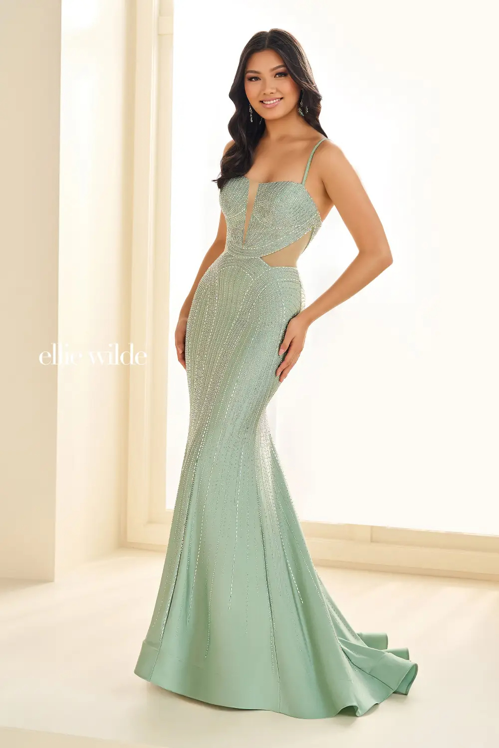 Mermaid Curved Sleeveless Lace-Up Back Stone Accents Prom Dress #EW36013