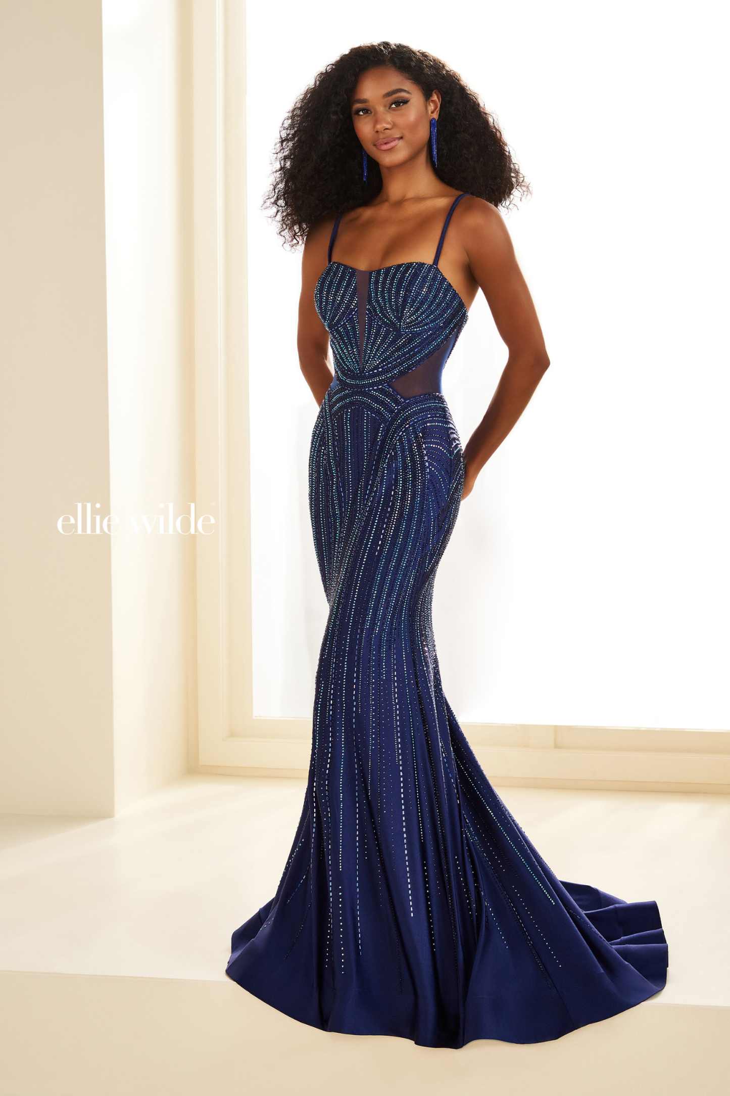 Mermaid Curved Sleeveless Lace-Up Back Stone Accents Prom Dress #EW36013