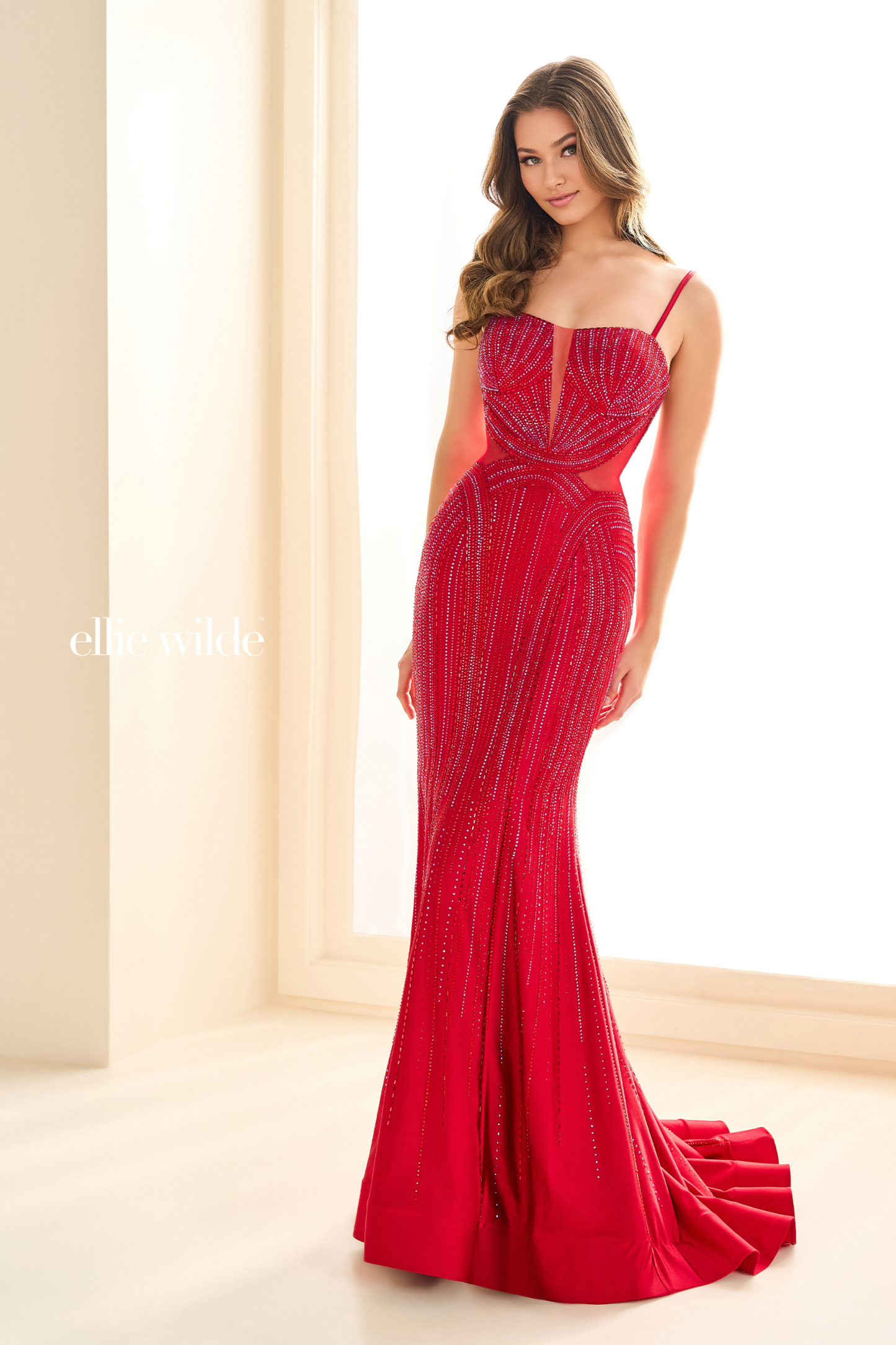 Mermaid Curved Sleeveless Lace-Up Back Stone Accents Prom Dress #EW36013