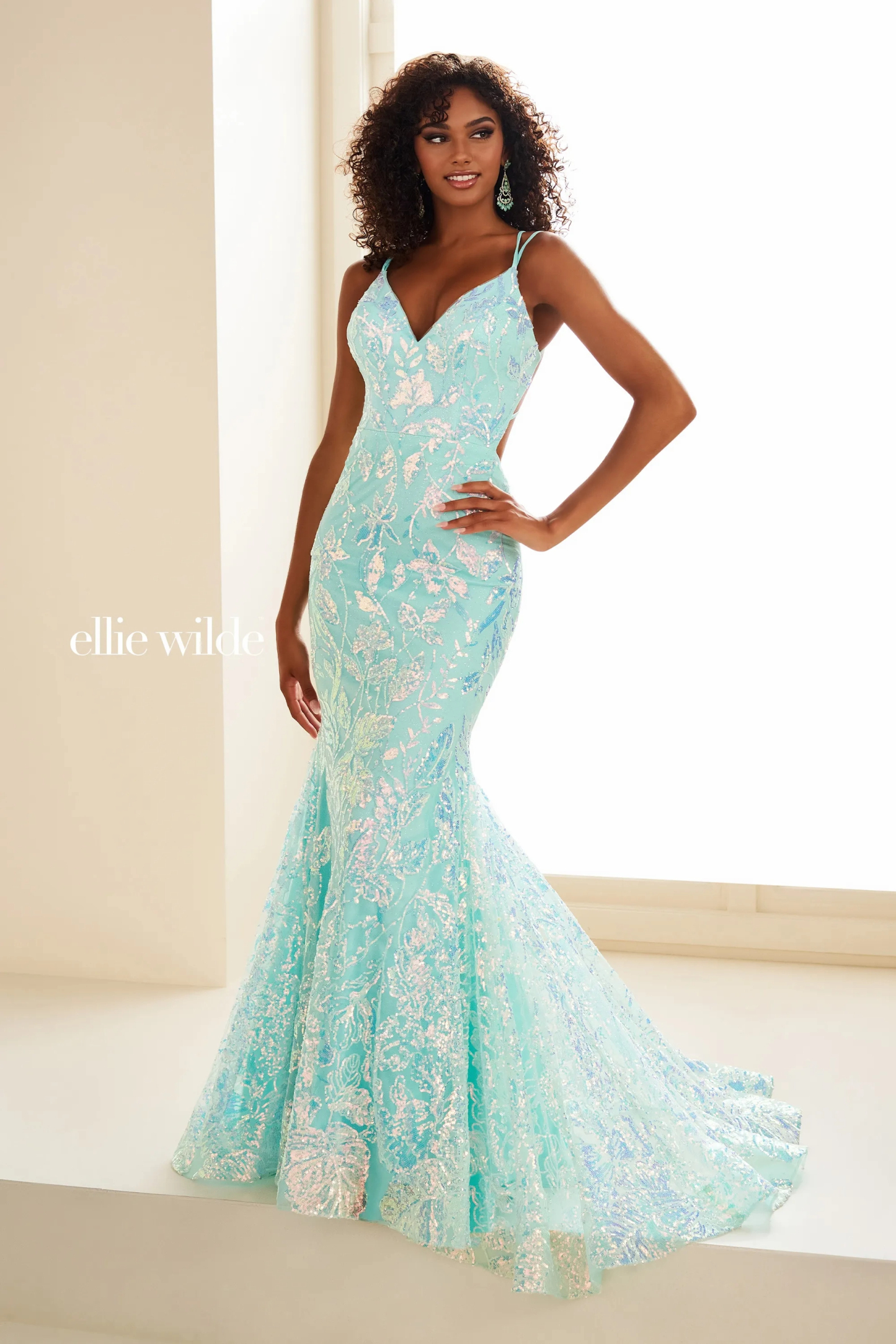 Mermaid V-Neck Glitter Tulle Low Back Sleeveless Prom Dress #EW36034
