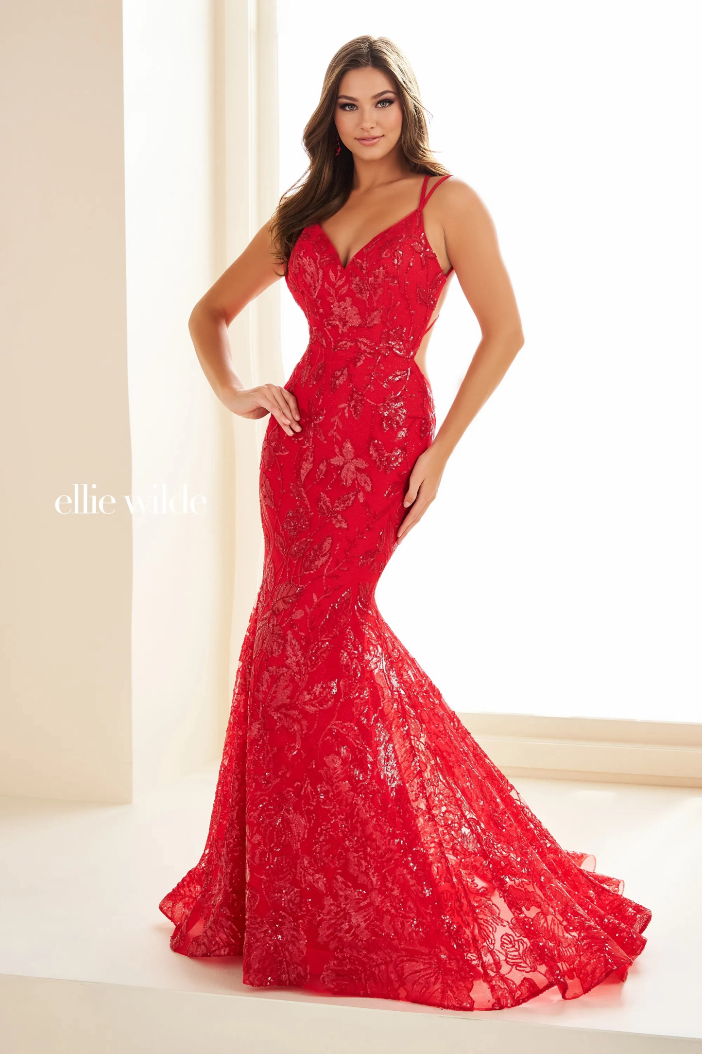 Mermaid V-Neck Glitter Tulle Low Back Sleeveless Prom Dress #EW36034