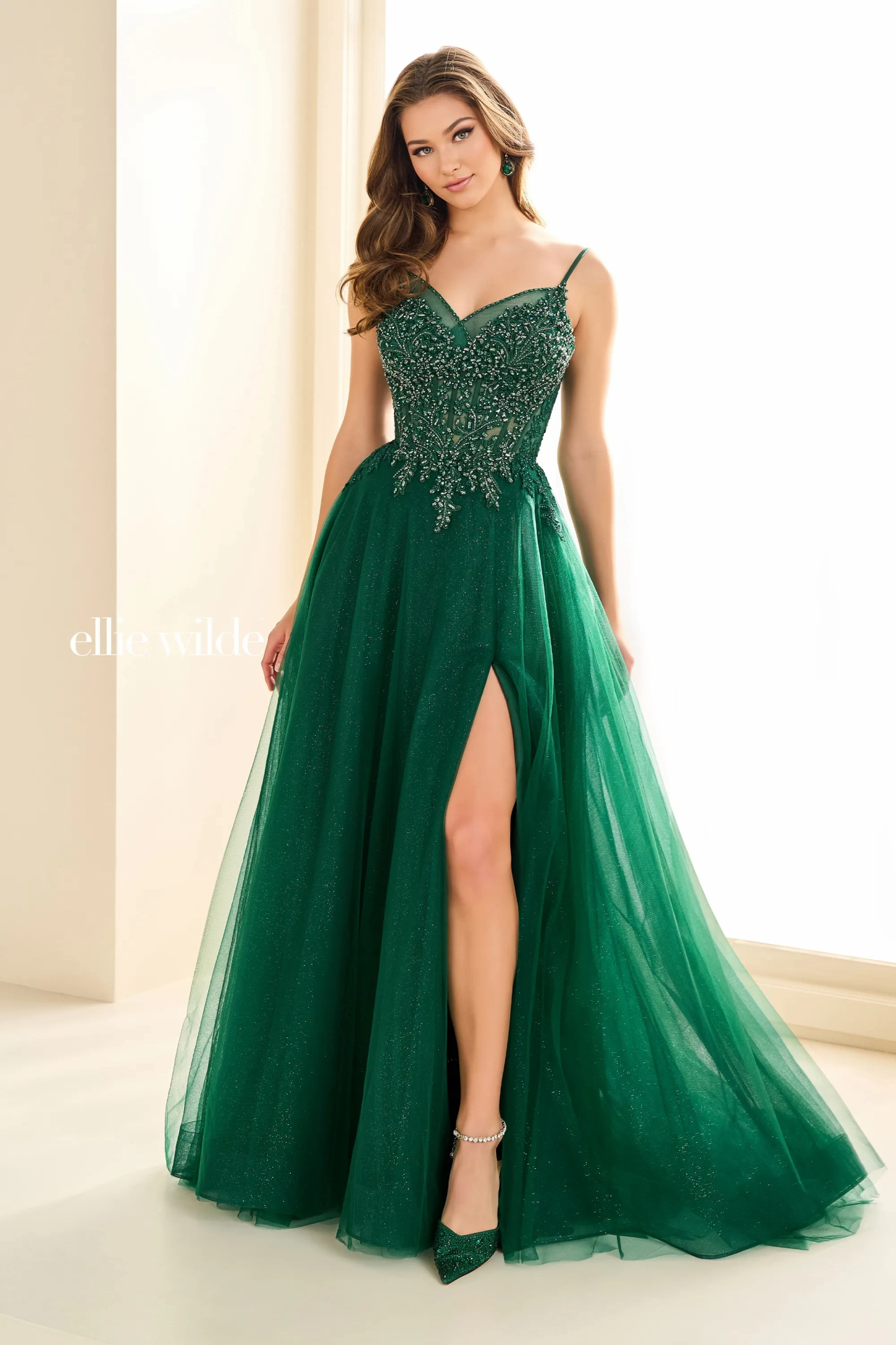 A-Line Sweetheart Lace Appliques Slit Corset Bodice Prom Dress # Ellie Wilde EW36066
