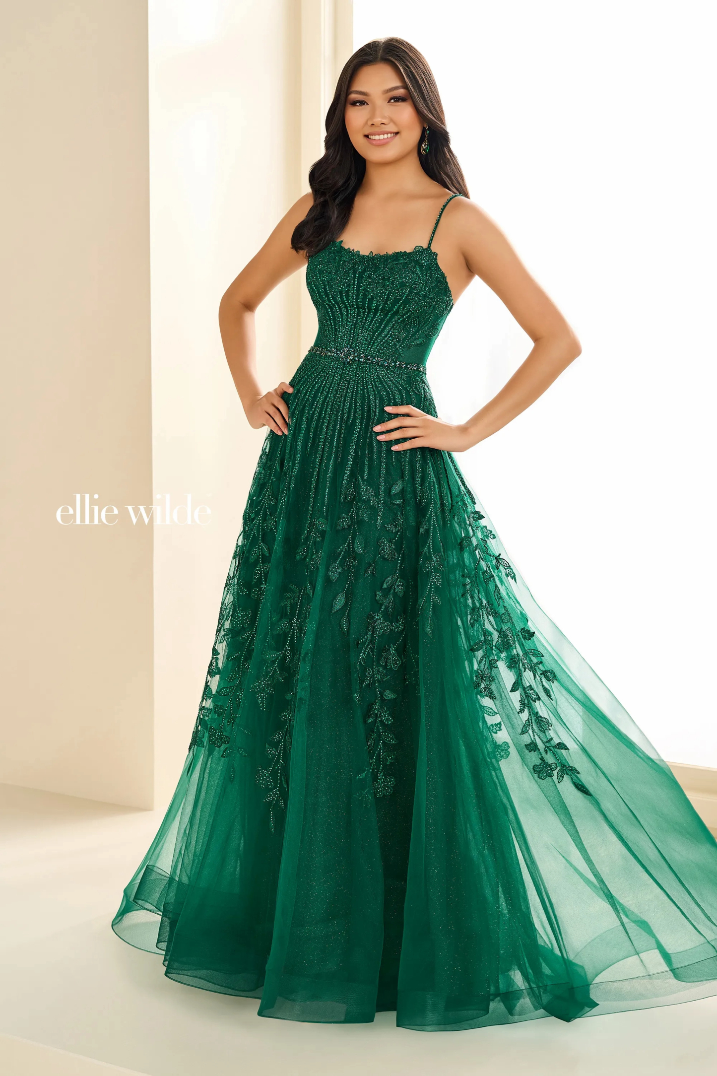 A-Line Curved Glitter Tulle Lace Appliques Tulle Prom Dress # Ellie Wi