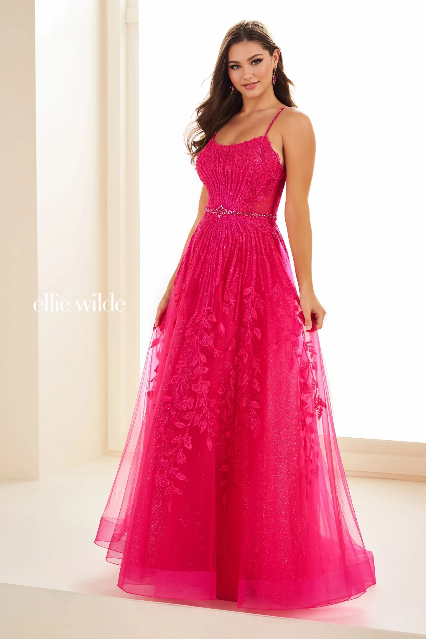 A-Line Curved Glitter Tulle Lace Appliques Tulle Prom Dress # Ellie Wilde EW36068