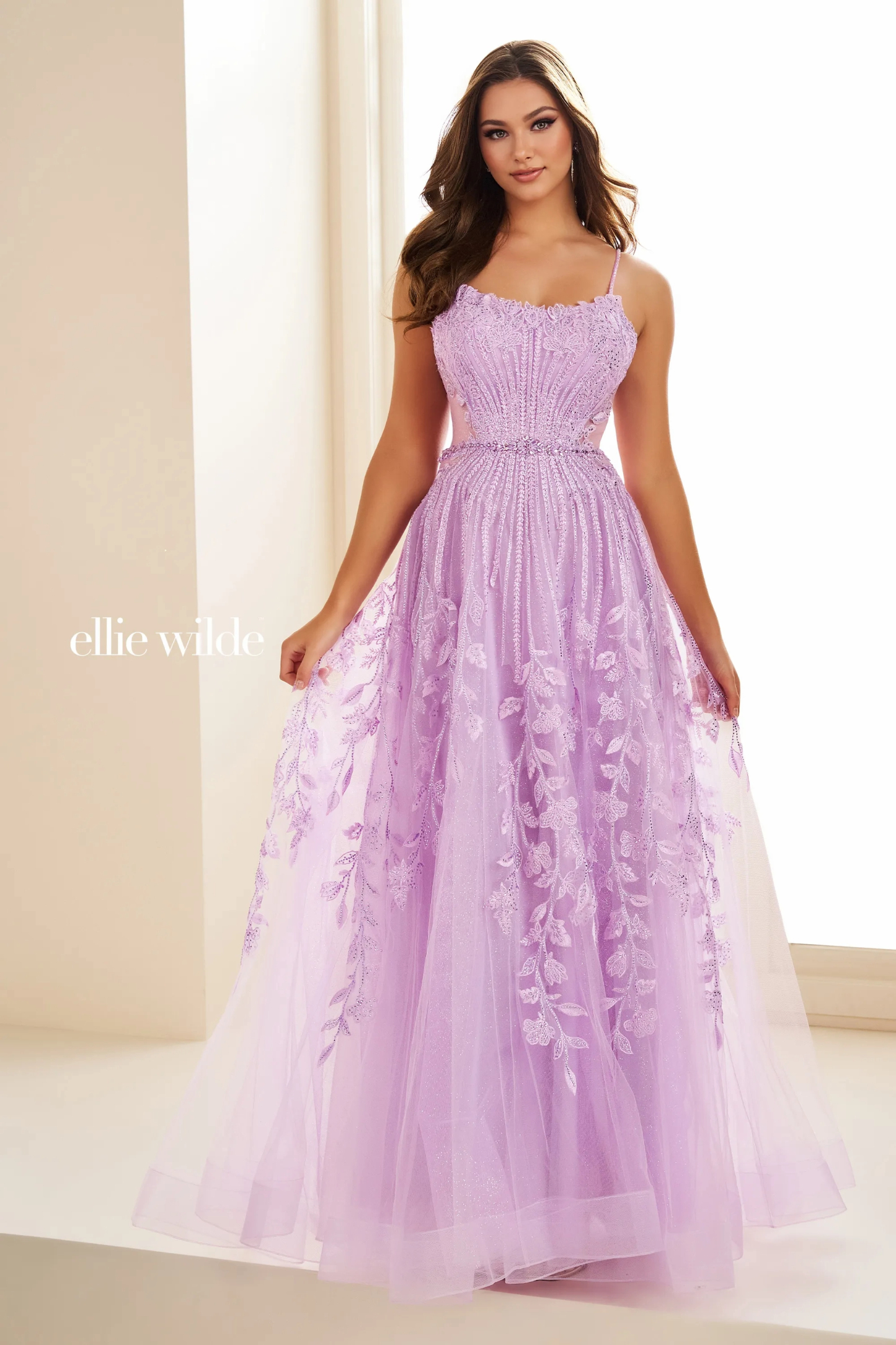 A-Line Curved Glitter Tulle Lace Appliques Tulle Prom Dress # Ellie Wilde EW36068