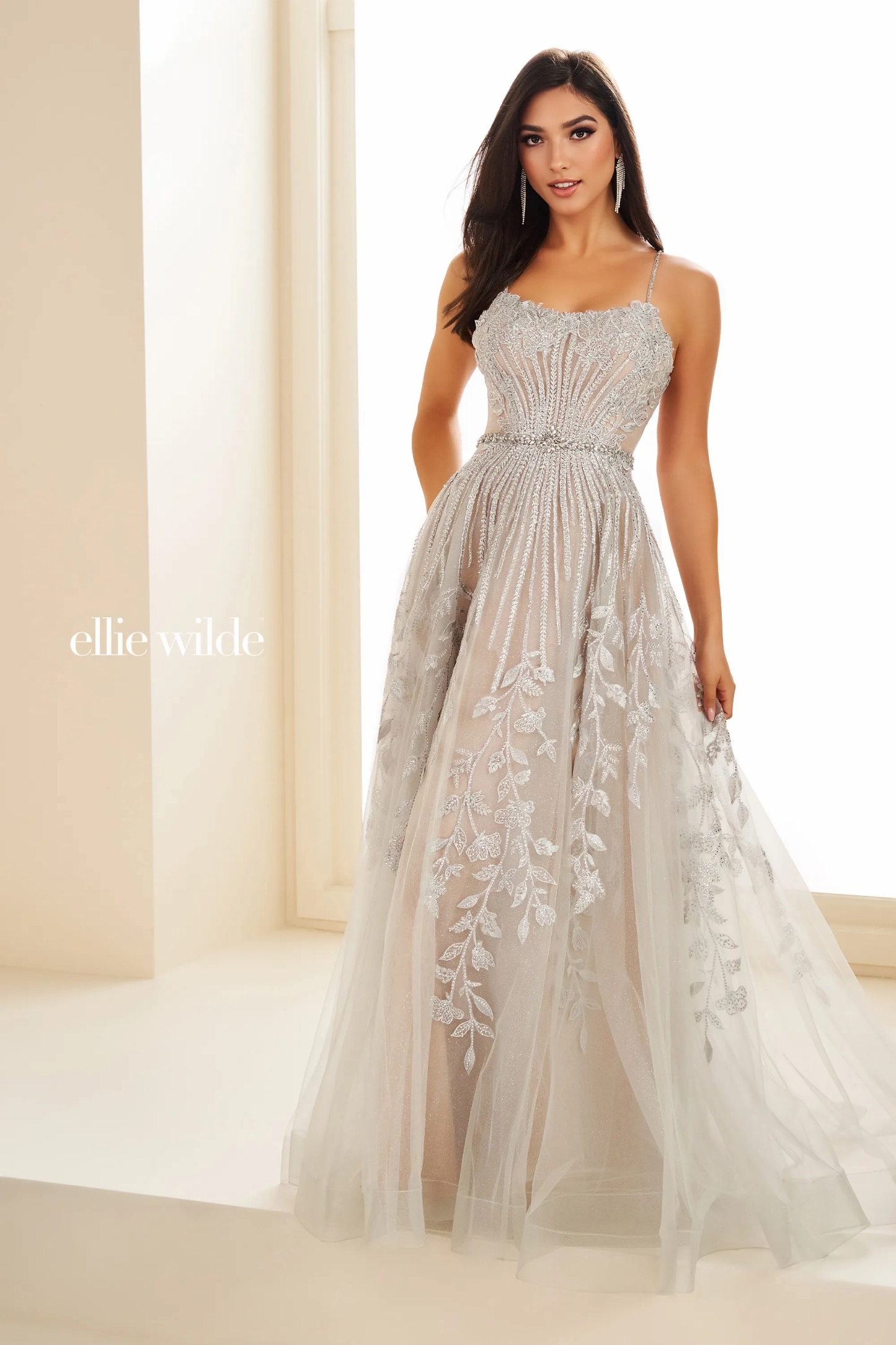 A-Line Curved Glitter Tulle Lace Appliques Tulle Prom Dress # Ellie Wilde EW36068