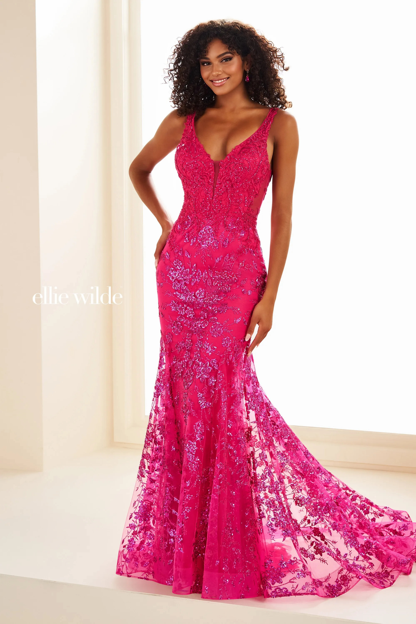 Mermaid V-Neck Straps Lace Appliques Sequin Prom Dress # Ellie Wilde EW36074
