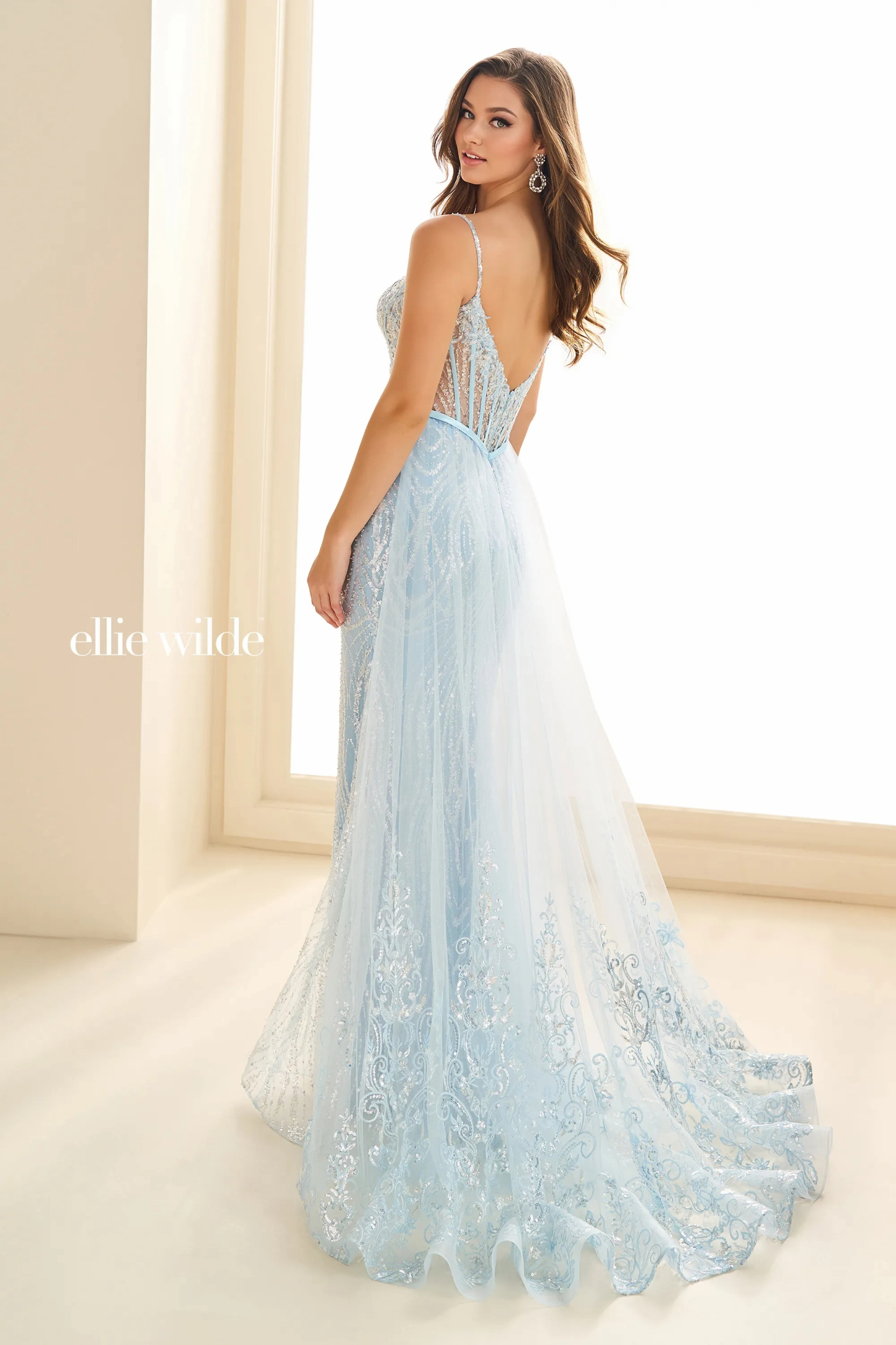 Mermaid Curved Spaghetti Straps Lace Appliques Beading Prom Dress # Ellie Wilde EW36075