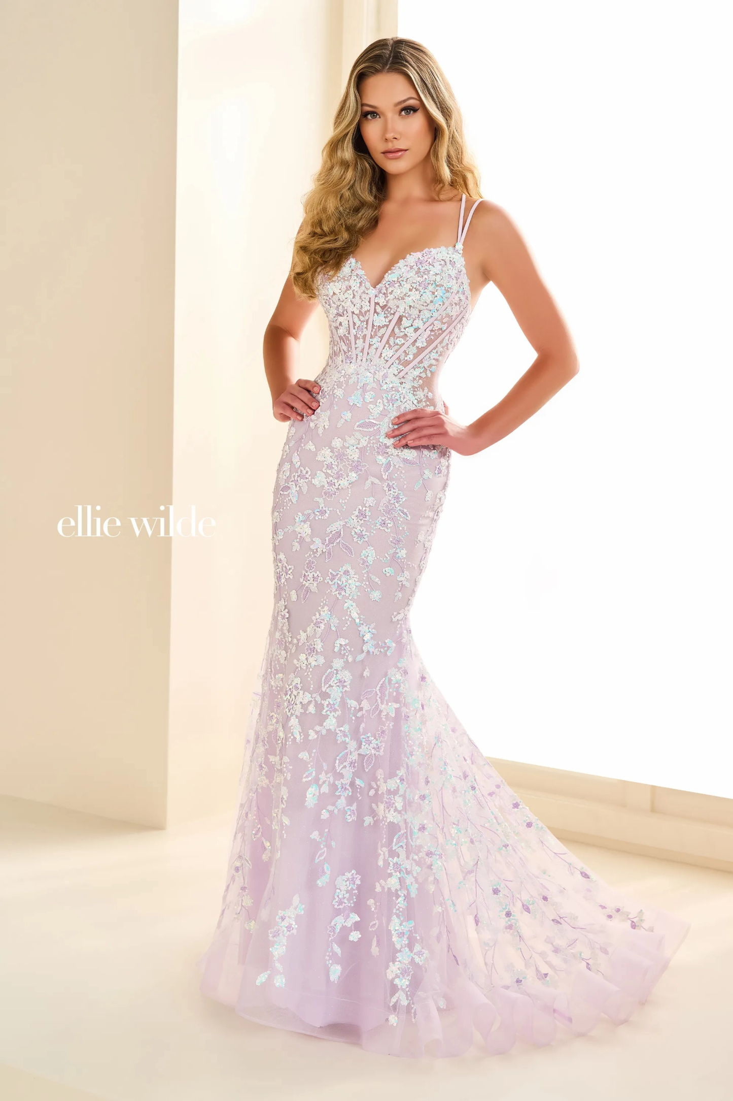 Mermaid Sweetheart Spaghetti Straps Glitter Tulle Lace-Up Back Prom Dress # Ellie Wilde EW36080