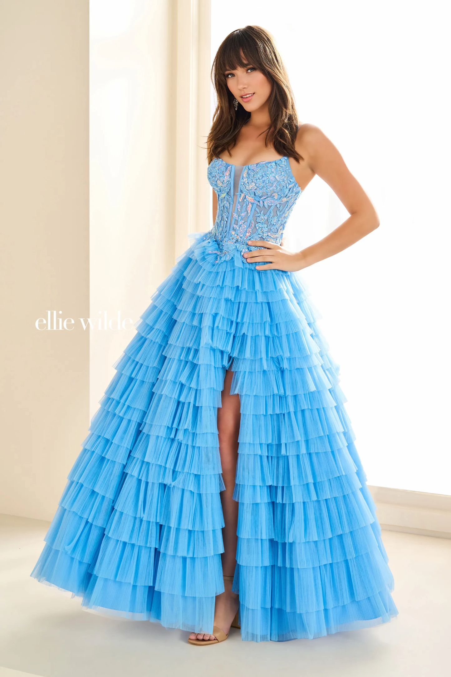 A-Line Curved Lace Appliques Ruffles Slit Prom Dress # Ellie Wilde