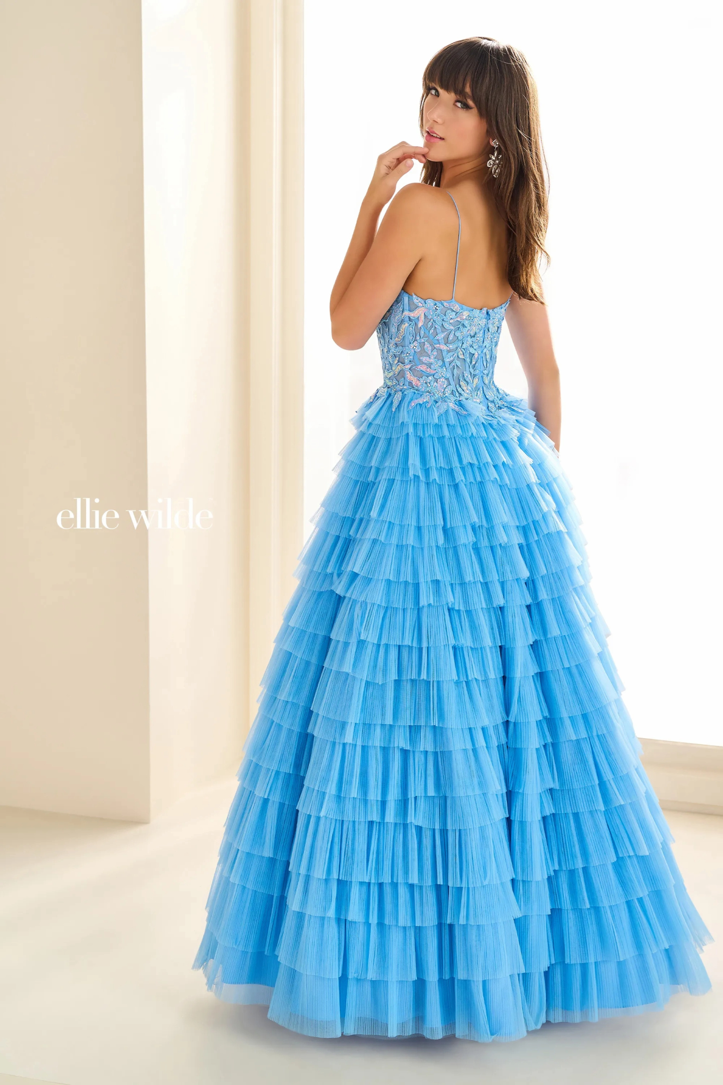A-Line Curved Lace Appliques Ruffles Slit Prom Dress # Ellie Wilde 36086