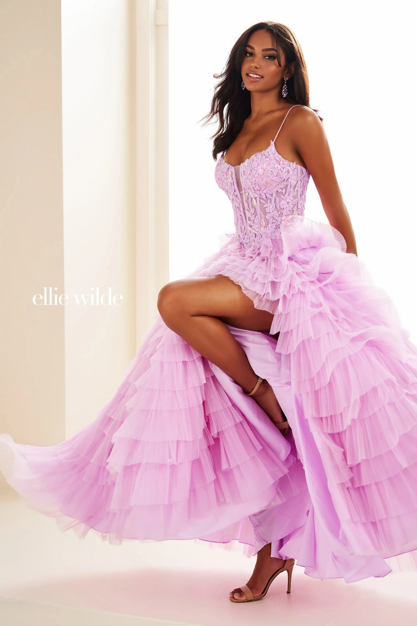 A-Line Curved Lace Appliques Ruffles Slit Prom Dress # Ellie Wilde 36086