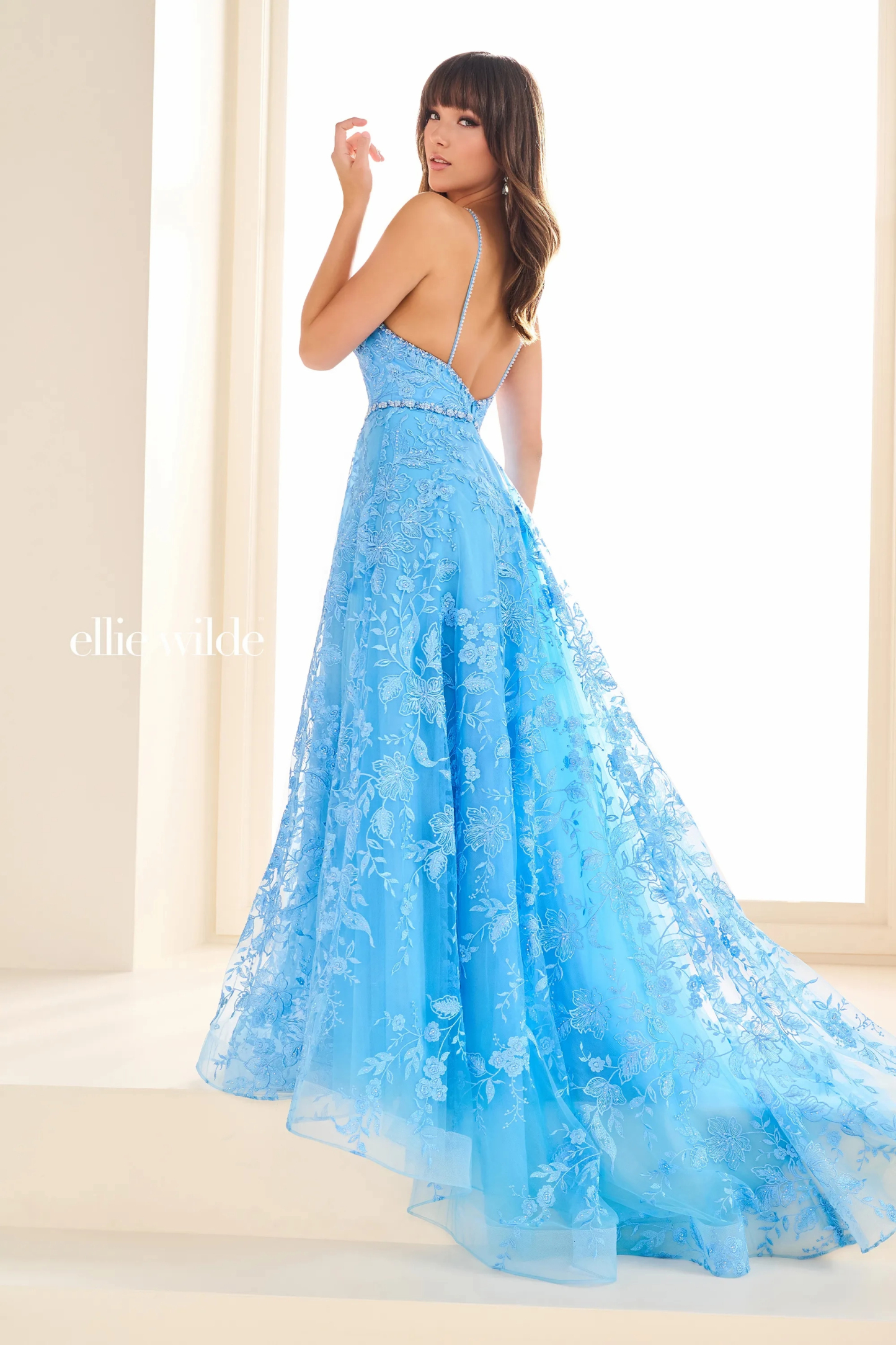 A-Line V-Neck Spaghetti Straps Organza Stone Accents Prom Dress With Pockets # Ellie Wilde 36088