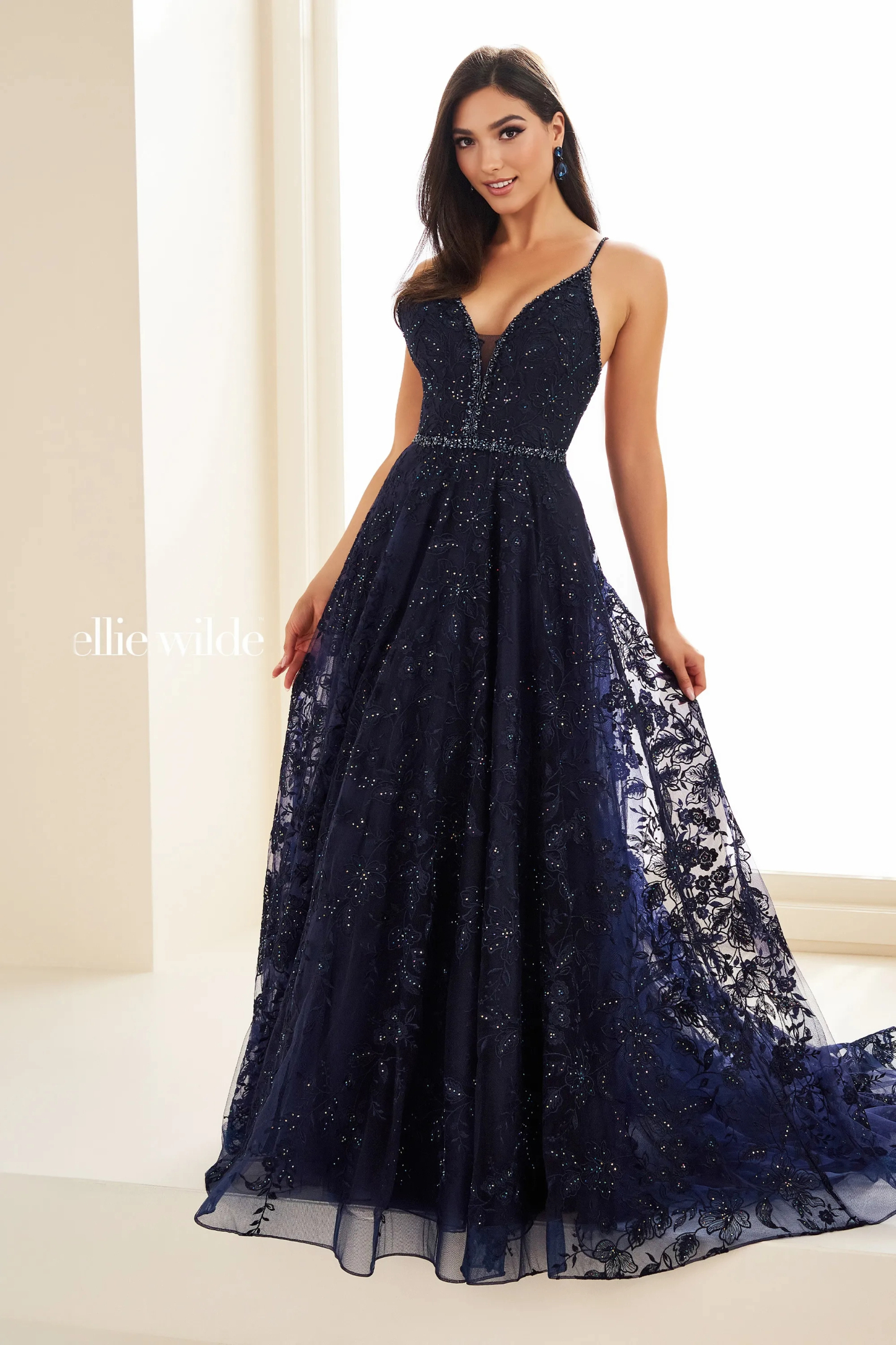 A-Line V-Neck Spaghetti Straps Organza Stone Accents Prom Dress With Pockets # Ellie Wilde 36088