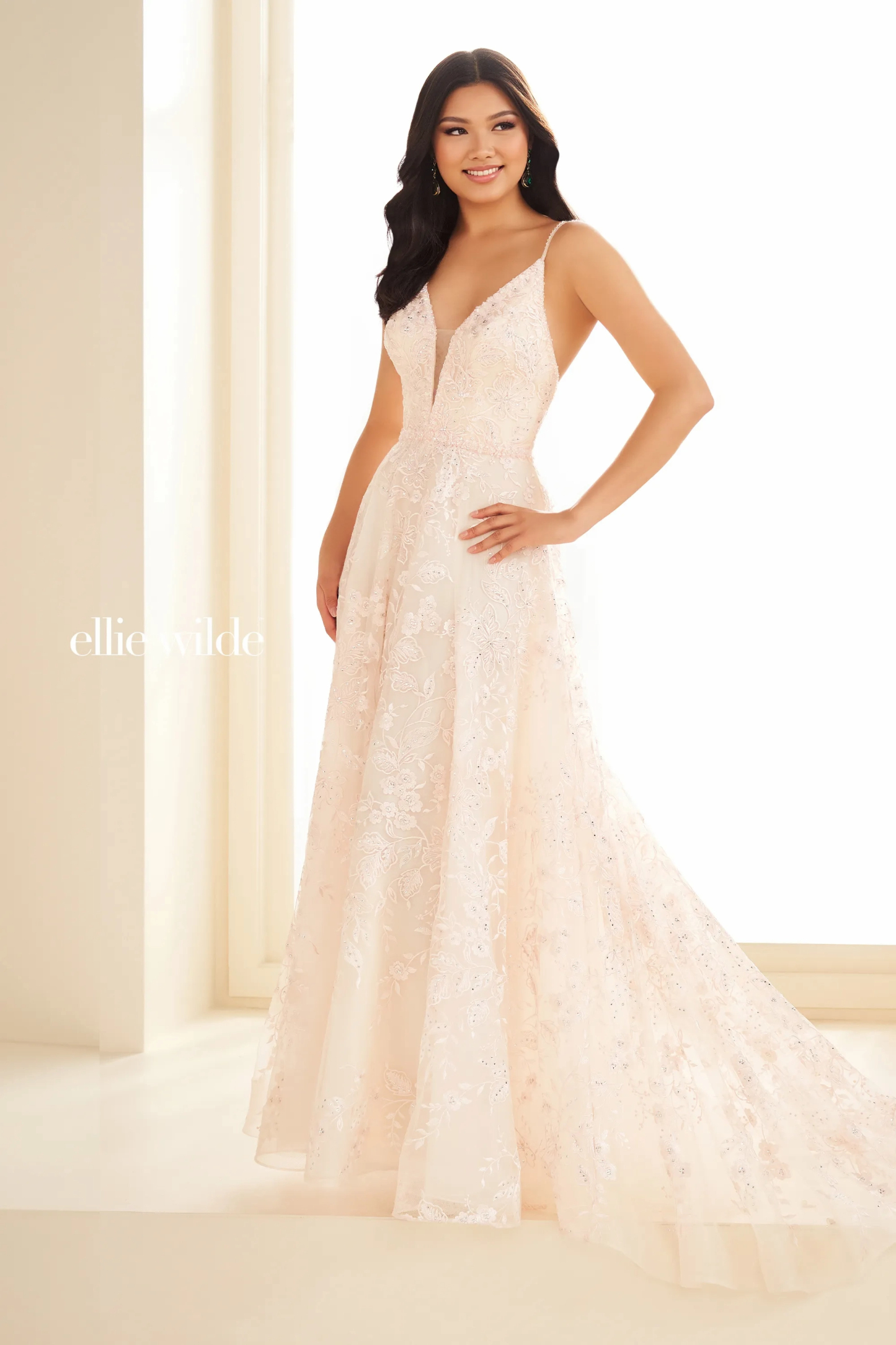 A-Line V-Neck Spaghetti Straps Organza Stone Accents Prom Dress With Pockets # Ellie Wilde 36088