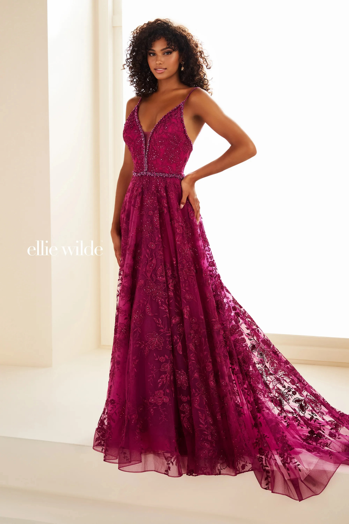 A-Line V-Neck Spaghetti Straps Organza Stone Accents Prom Dress With Pockets # Ellie Wilde 36088