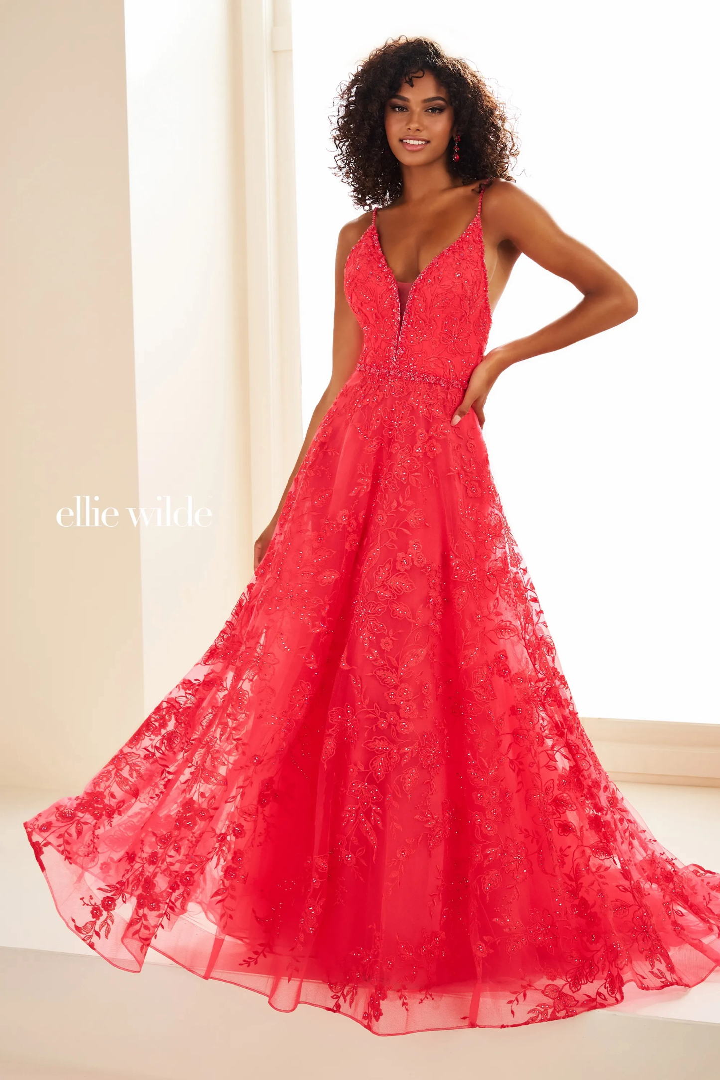 A-Line V-Neck Spaghetti Straps Organza Stone Accents Prom Dress With Pockets # Ellie Wilde 36088