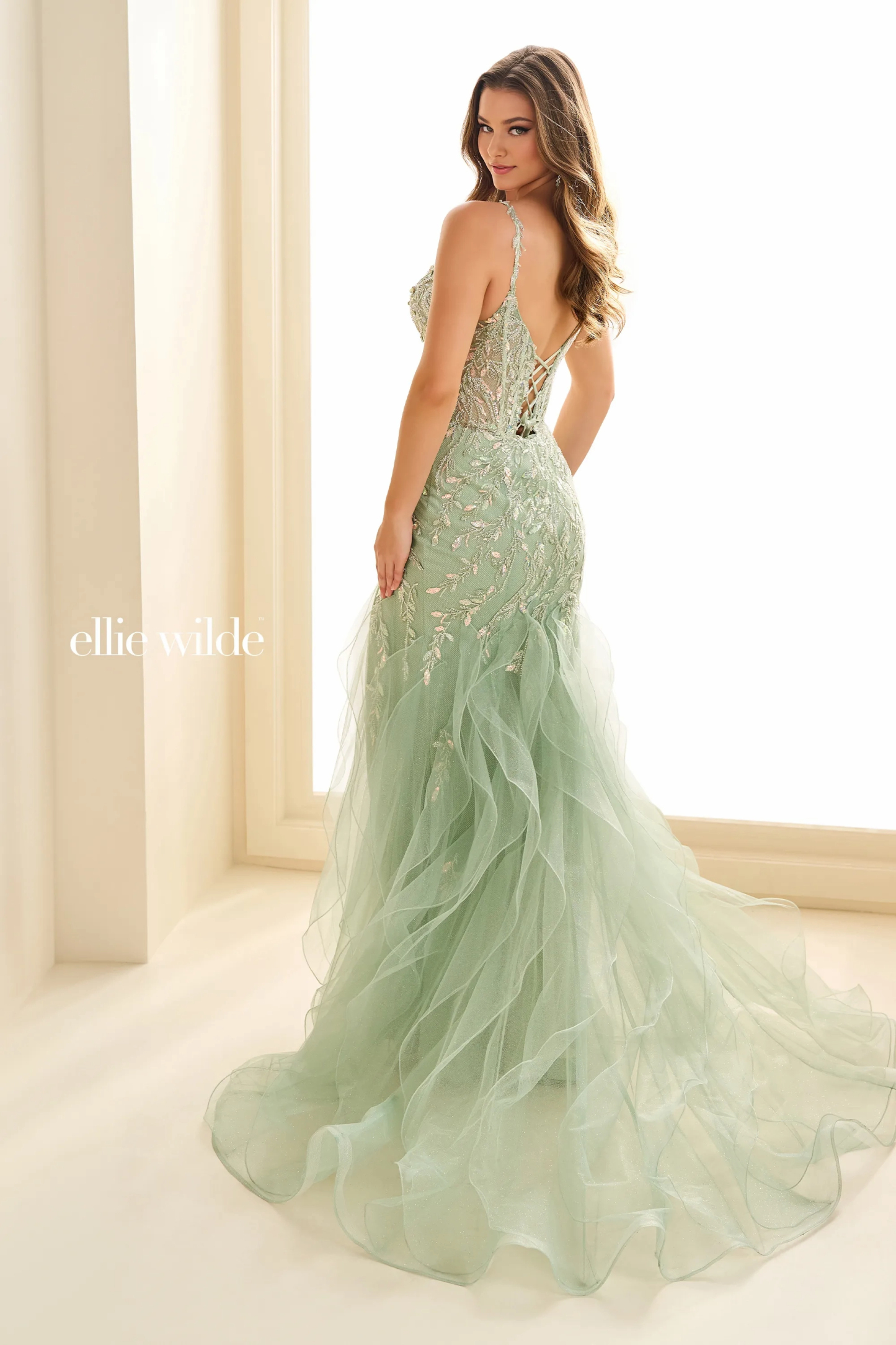 Mermaid Deep V-necl Spaghetti Straps Slit Lace Appliques Prom Dress # Ellie Wilde 36089