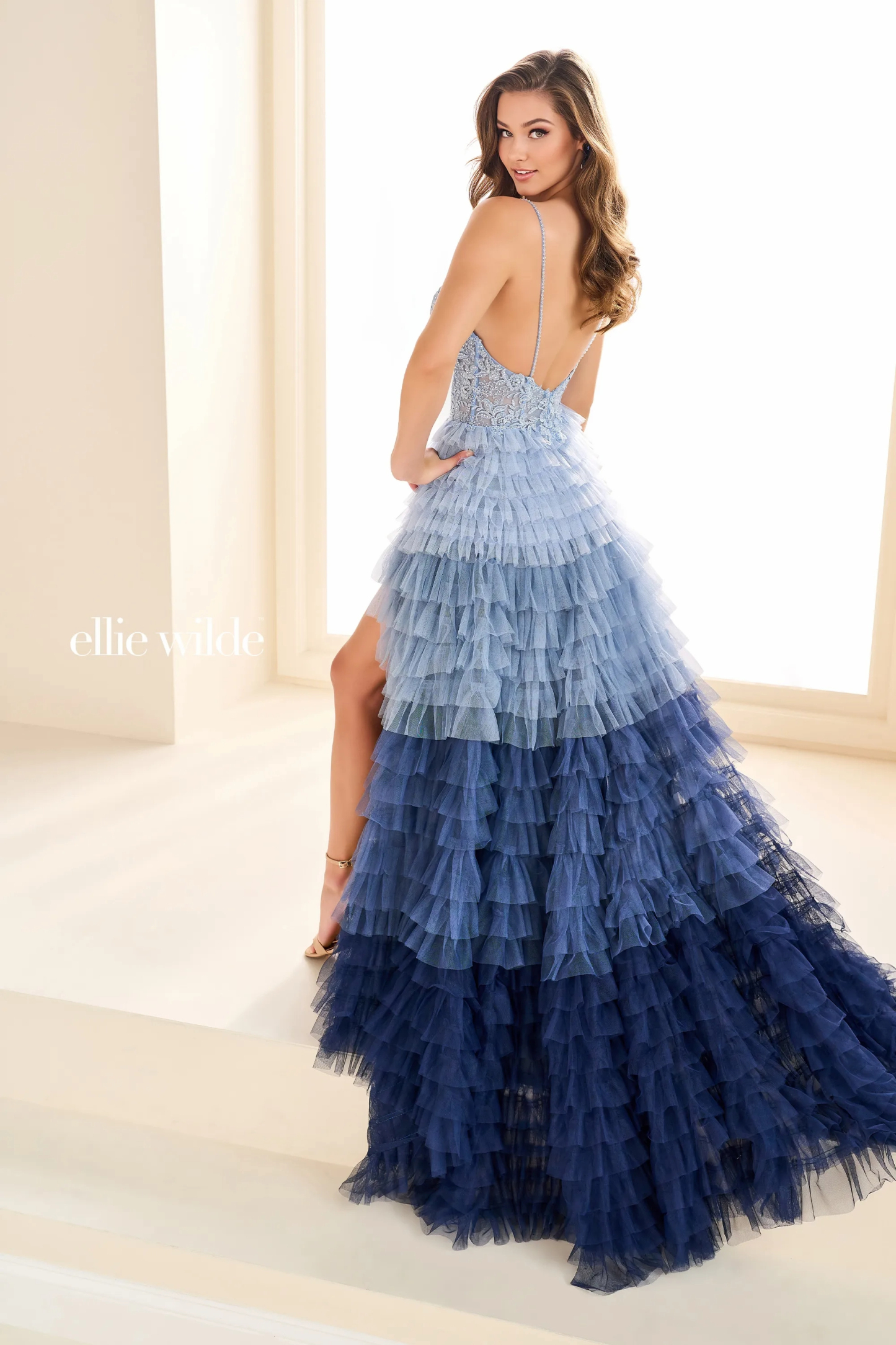A-Line V-Neck Spaghetti Straps Ombre Layered Tulle Prom Dress #Ellie Wilde 36097