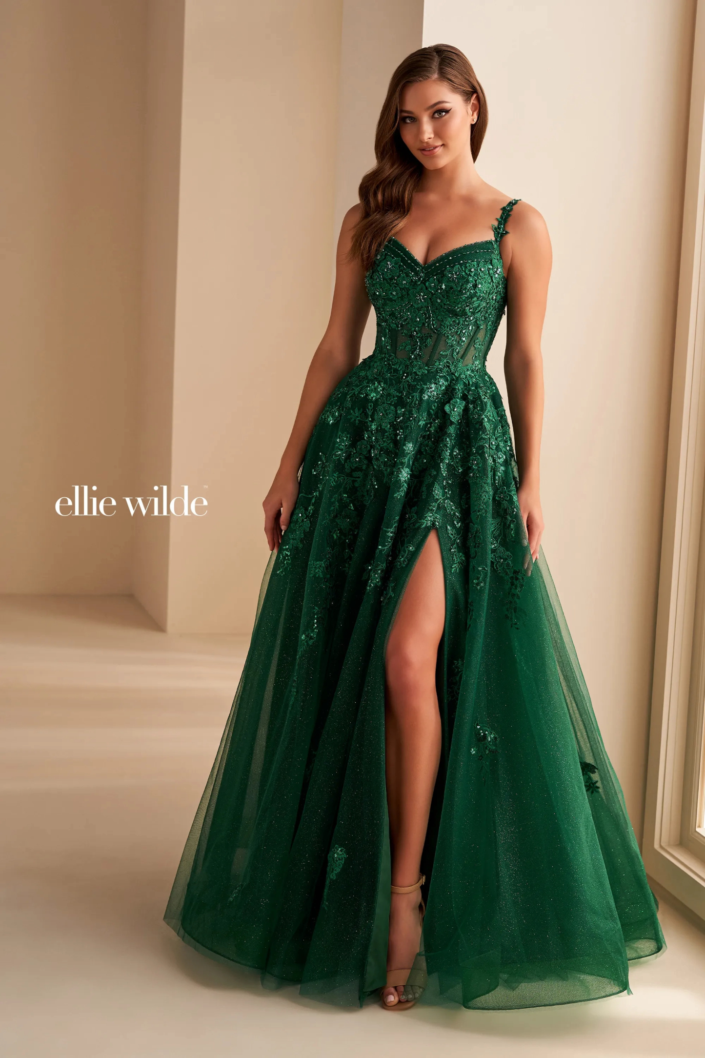 A-Line Sweetheart Lace Appliques Sequin Slit Prom Dress With Pockets