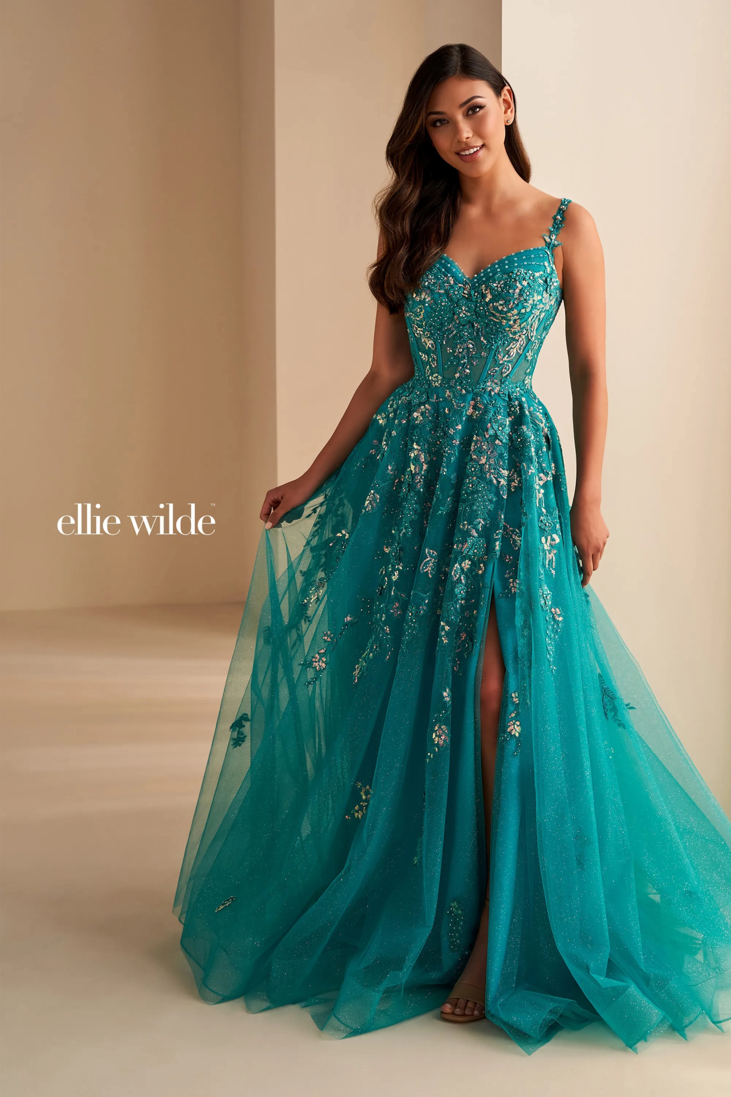 A-Line Sweetheart Lace Appliques Sequin Slit Prom Dress With Pockets #Ellie Wilde 36204