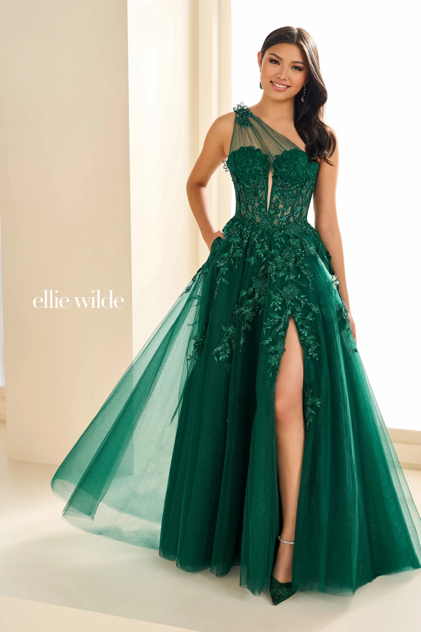 A-Line One-Shoulder Lace Appliques Slit Prom Dress With Pockets #Ellie