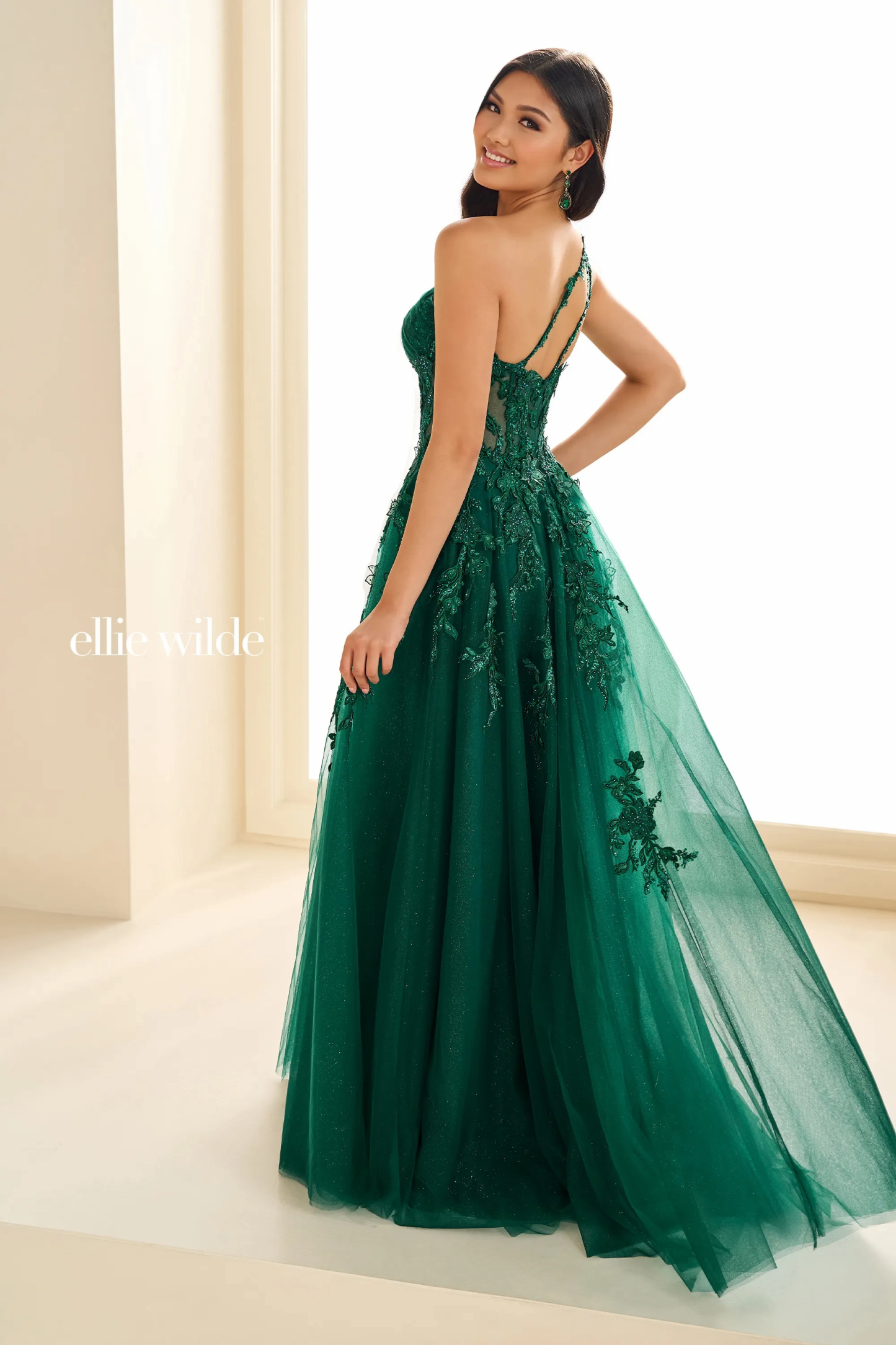 A-Line One-Shoulder Lace Appliques Slit Prom Dress With Pockets #Ellie Wilde 36207