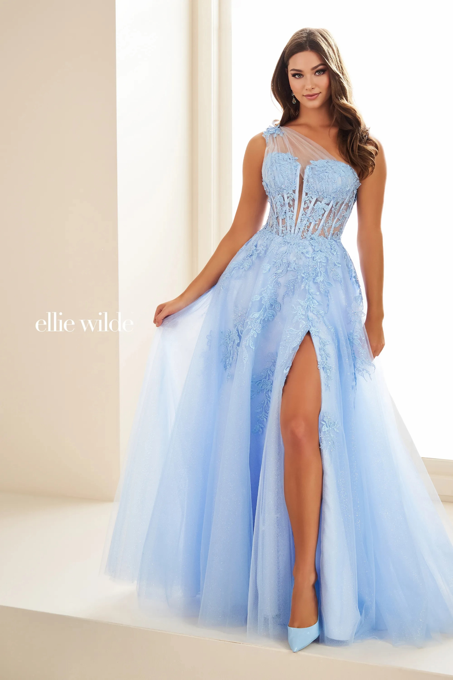 A-Line One-Shoulder Lace Appliques Slit Prom Dress With Pockets #Ellie Wilde 36207