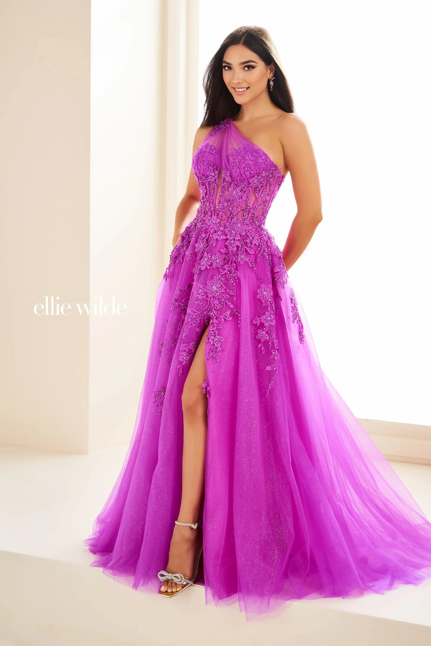 A-Line One-Shoulder Lace Appliques Slit Prom Dress With Pockets #Ellie Wilde 36207