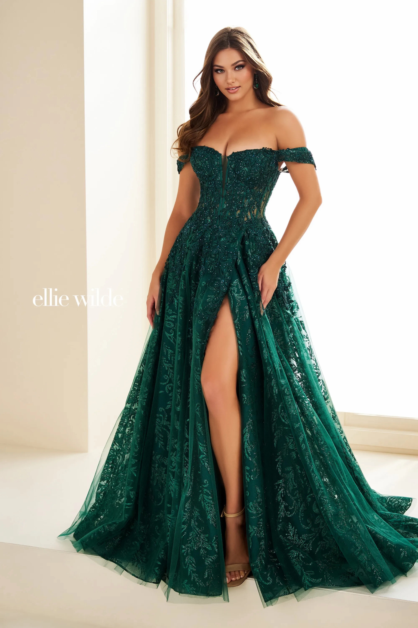 A-Line Sweetheart Off-The-Shoulder Lace Appliques Slit Prom Dress With Pockets #Ellie Wilde 36209