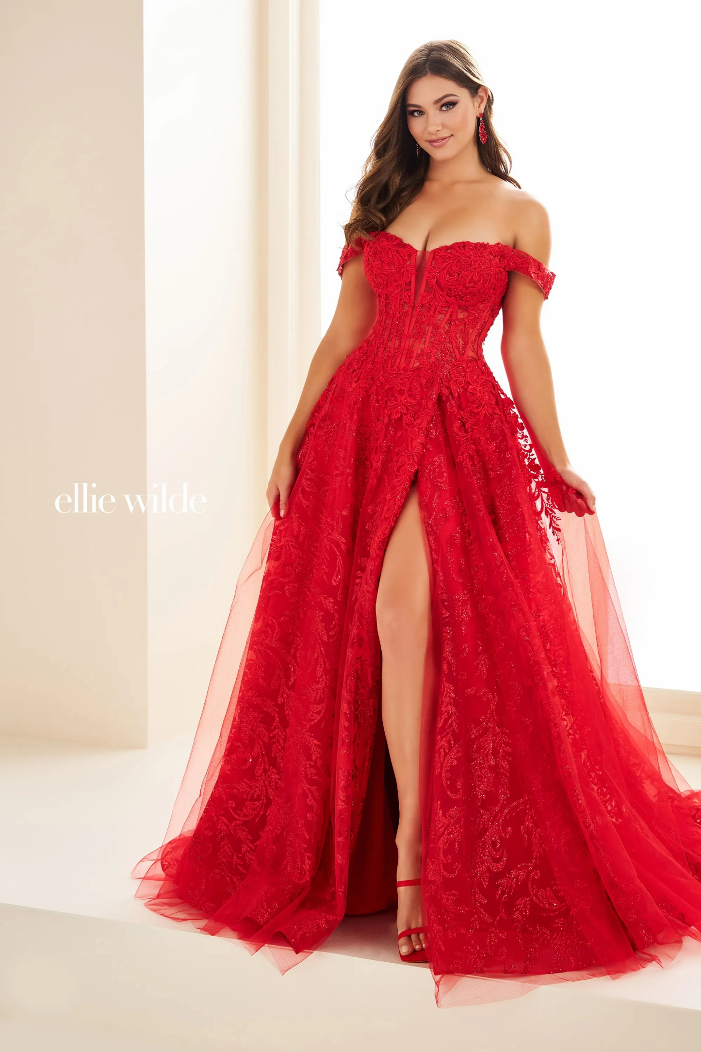 A-Line Sweetheart Off-The-Shoulder Lace Appliques Slit Prom Dress With Pockets #Ellie Wilde 36209