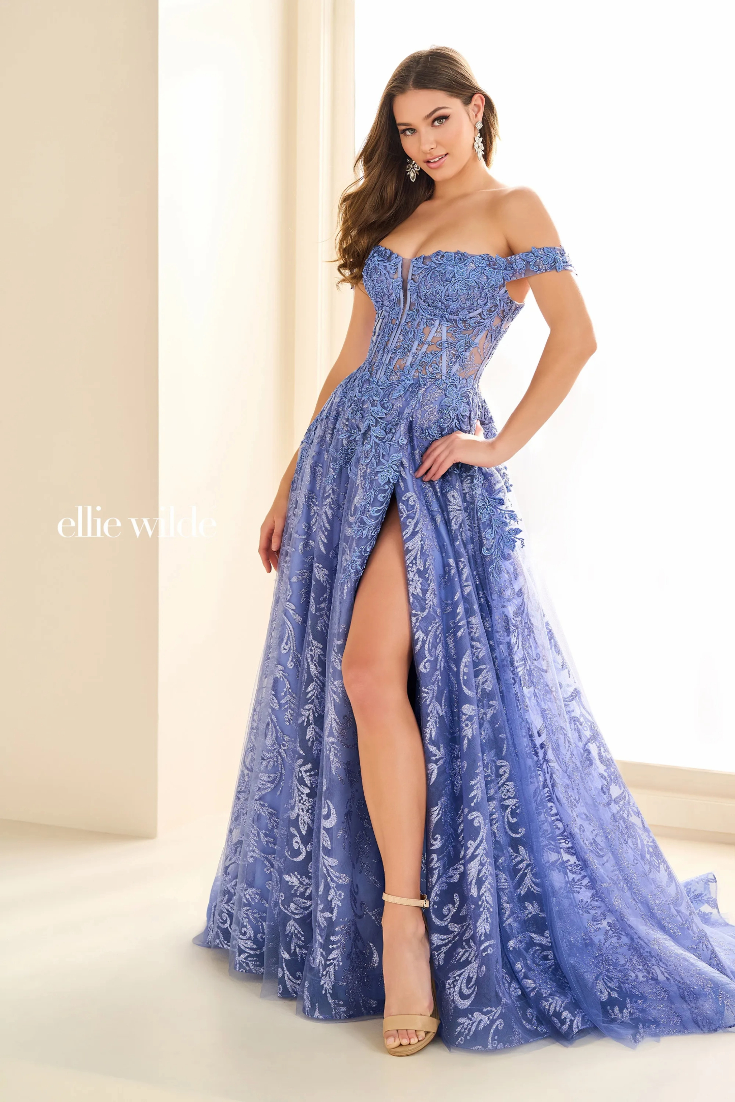 A-Line Sweetheart Off-The-Shoulder Lace Appliques Slit Prom Dress With Pockets #Ellie Wilde 36209