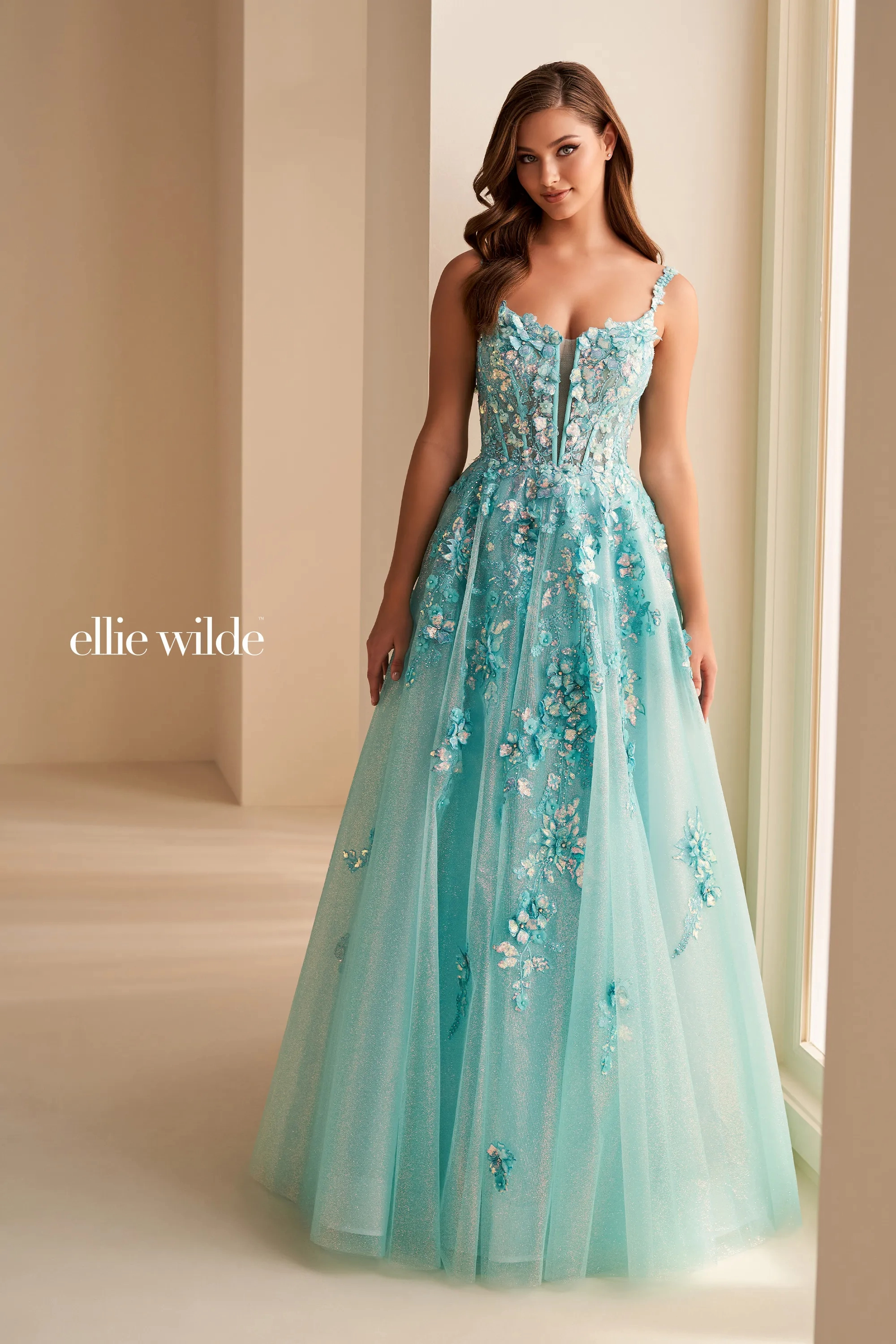 A-Line Sweetheart Glitter Tulle Lace Appliques Lace-Up Back Prom Dress #Ellie Wilde 36213