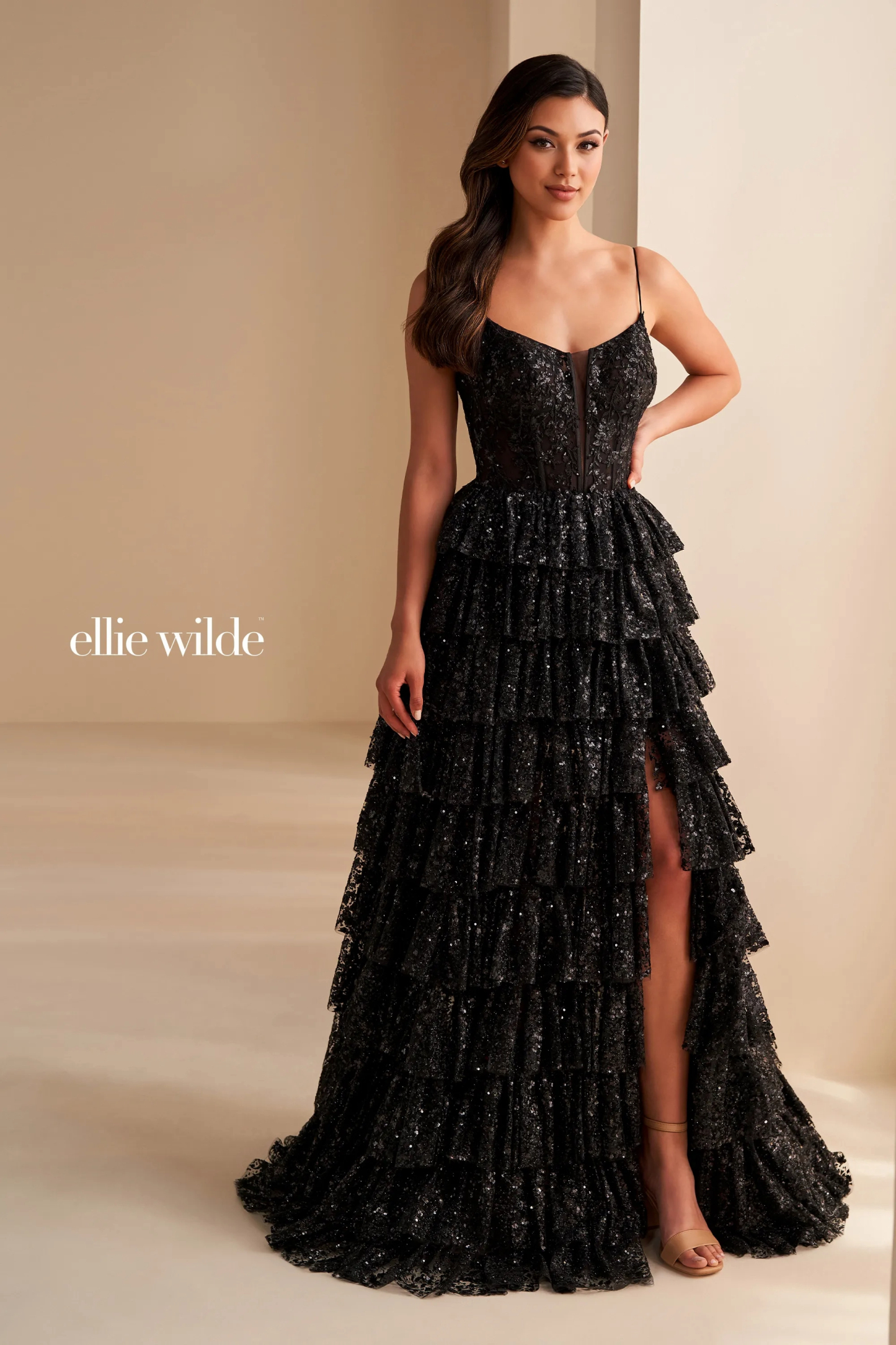A-Line Scoop Spaghetti Straps Lace Appliques Sequin Slit Prom Dress #E