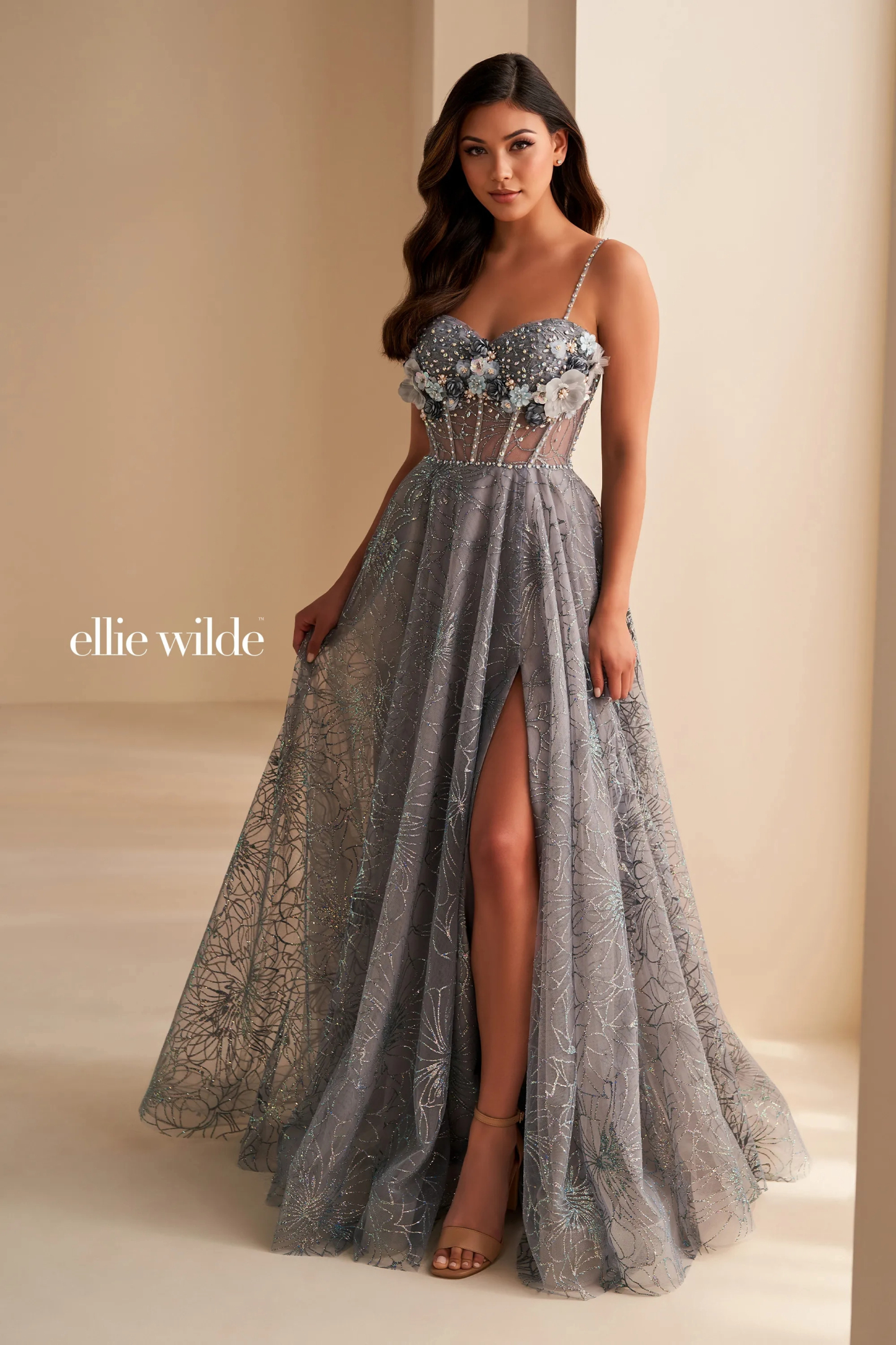A-Line Sweetheart Stone Accents 3D Flowers Slit Prom Dress #Ellie Wilde 36218